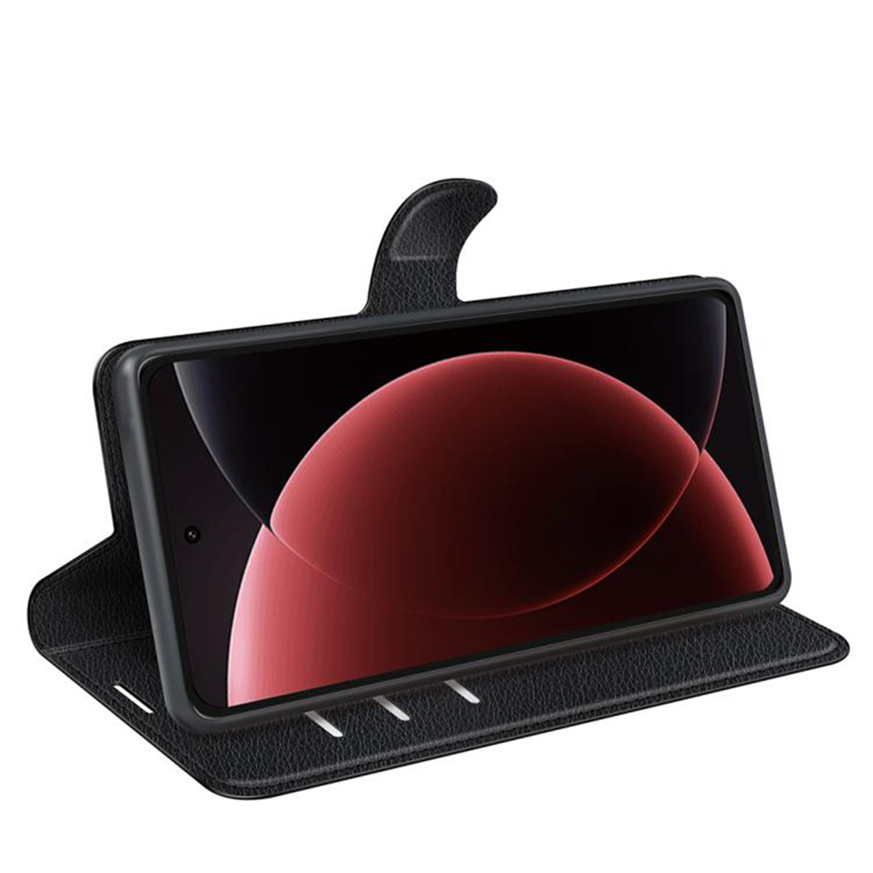 Zwarte telefoonhoes met telefoon erin. Rood en zwart scherm.