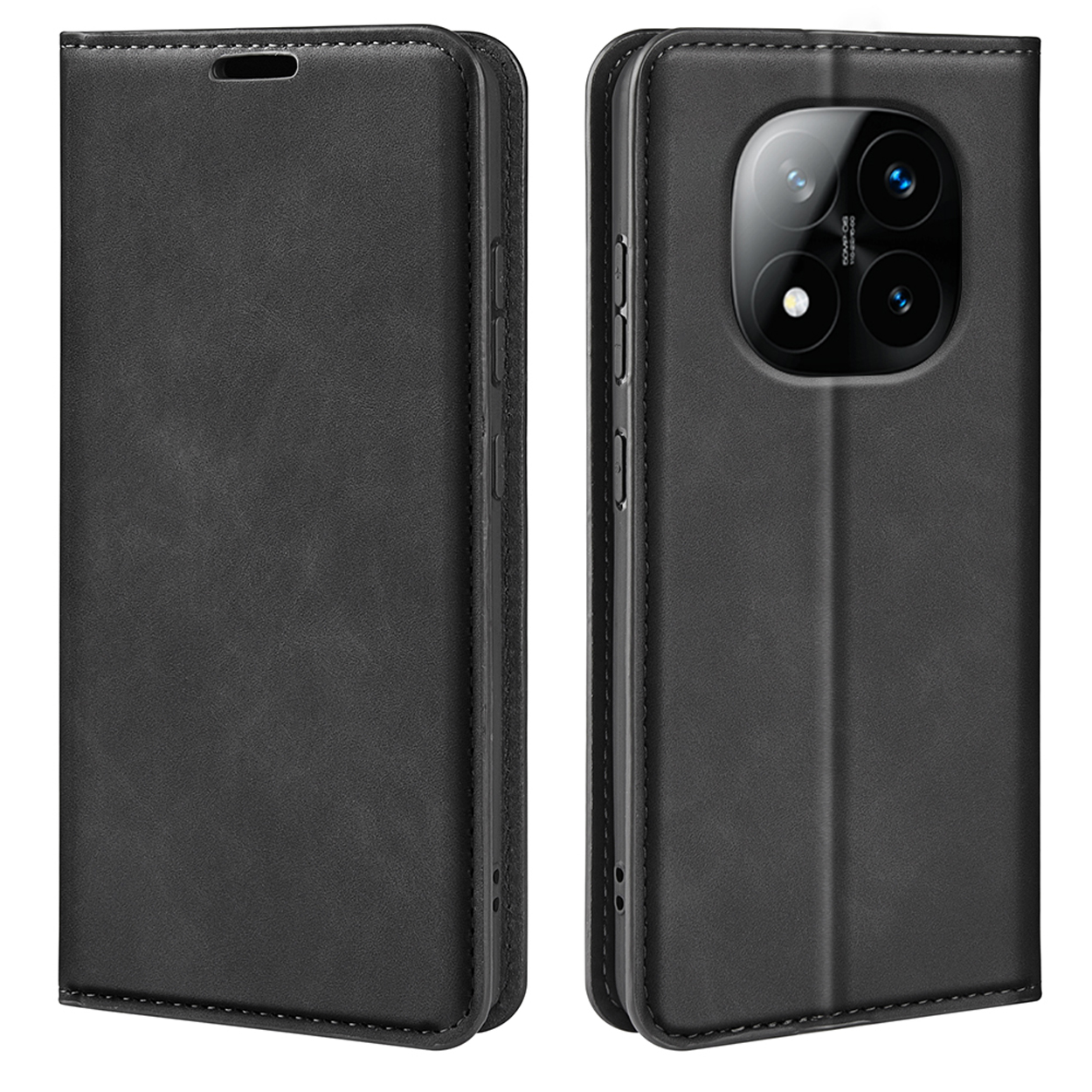 Zwarte telefoonhoes, open. Toont de binnenkant, met een telefoon rechts.