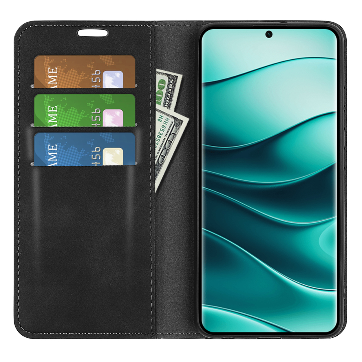 Zwarte telefoonhoes, open, met kaarten en geld erin. Telefoonscherm zichtbaar.