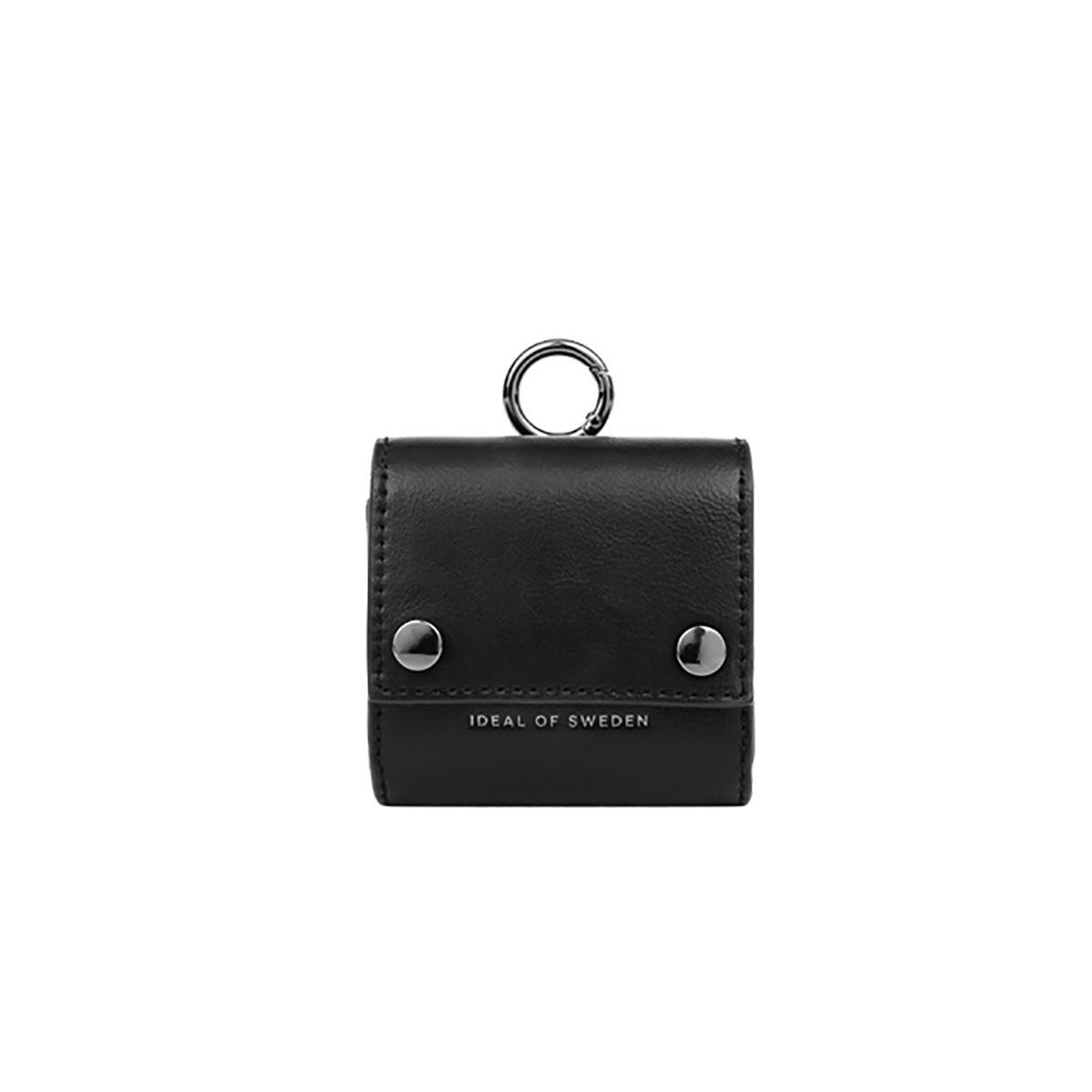 Estuche cuadrado negro para auriculares con texto Ideal of Sweden y detalles metálicos.