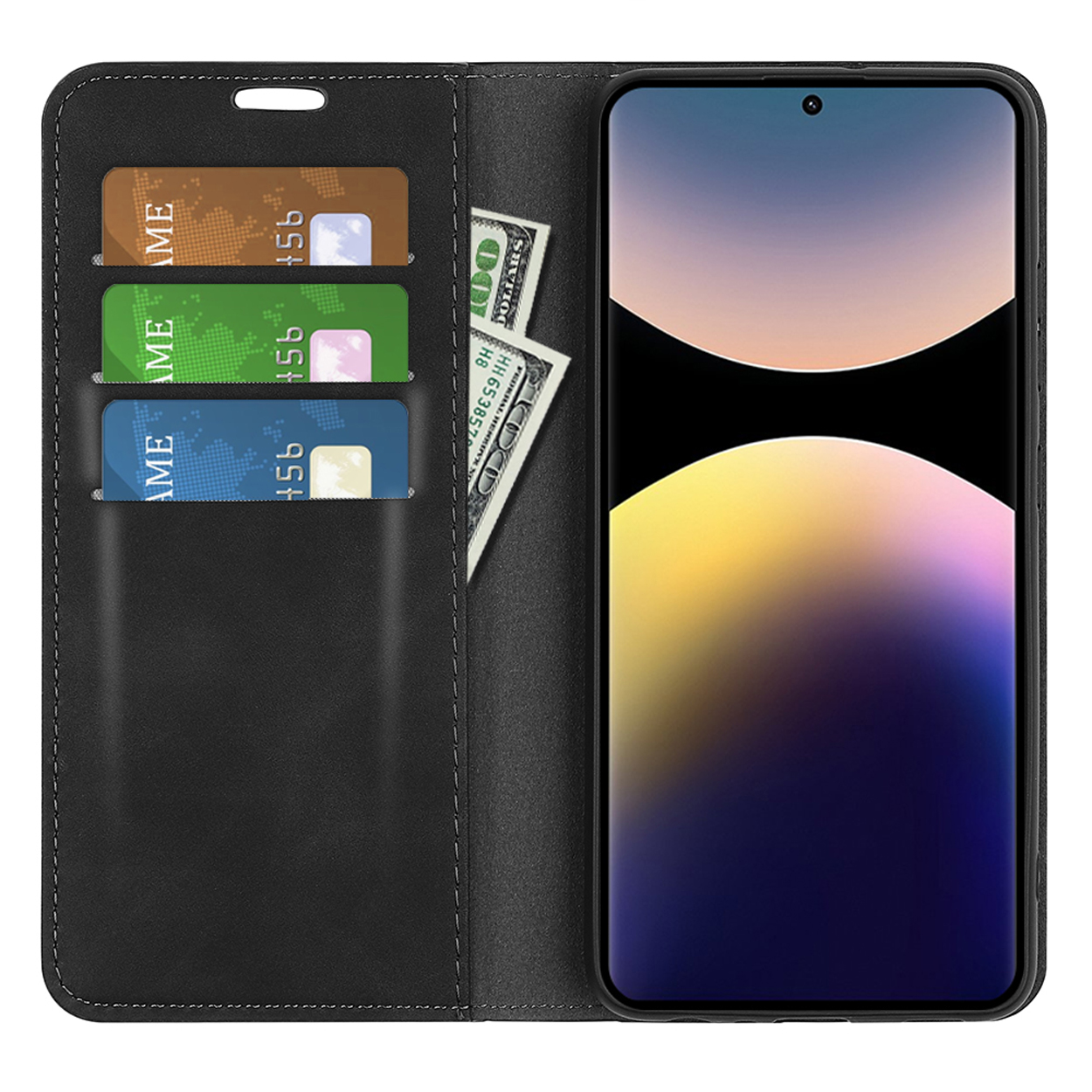 Zwarte telefoonhoes met creditcardvakjes en geld. Een telefoon zit in de hoes.