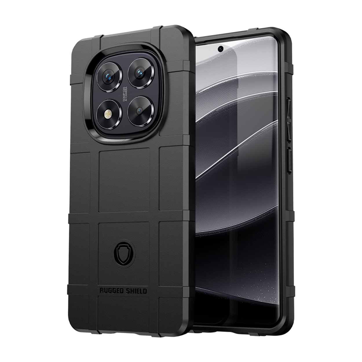 Zwarte telefoonhoes met een telefoon erin. De hoes is zwart en heeft een robuust ontwerp.