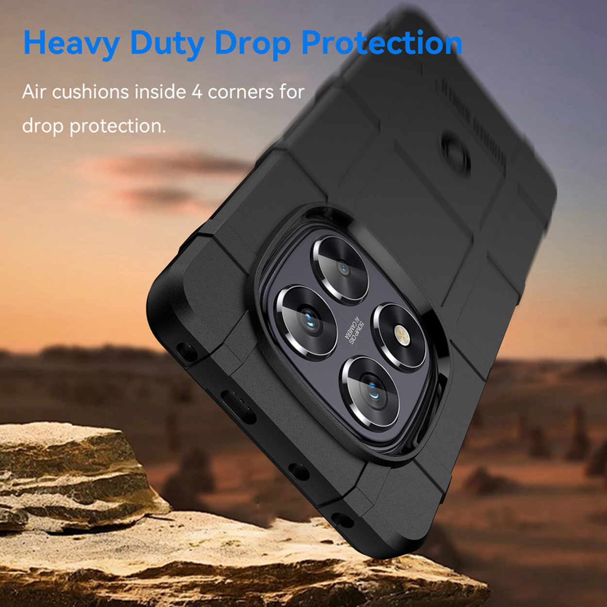 Een telefoonhoesje met een telefoon erin. De hoes is gekanteld en zegt Heavy Duty Drop Protection.