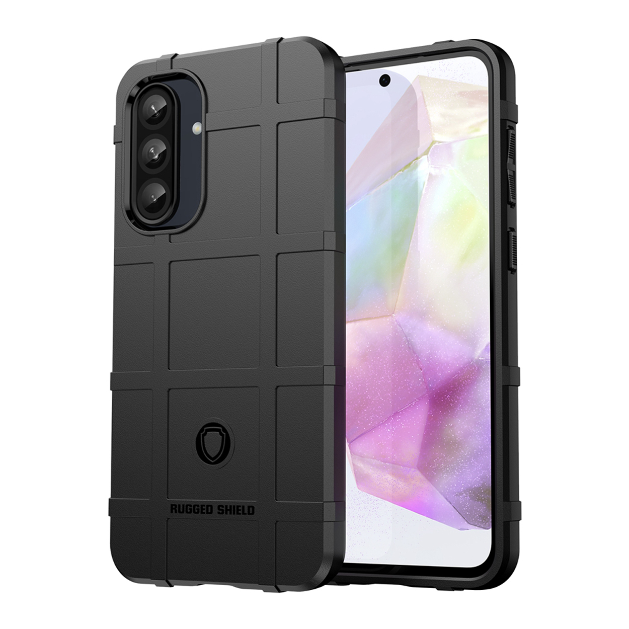 Zwarte telefoonhoes op een wit oppervlak, close-up toont de hoes met een telefoon erin.