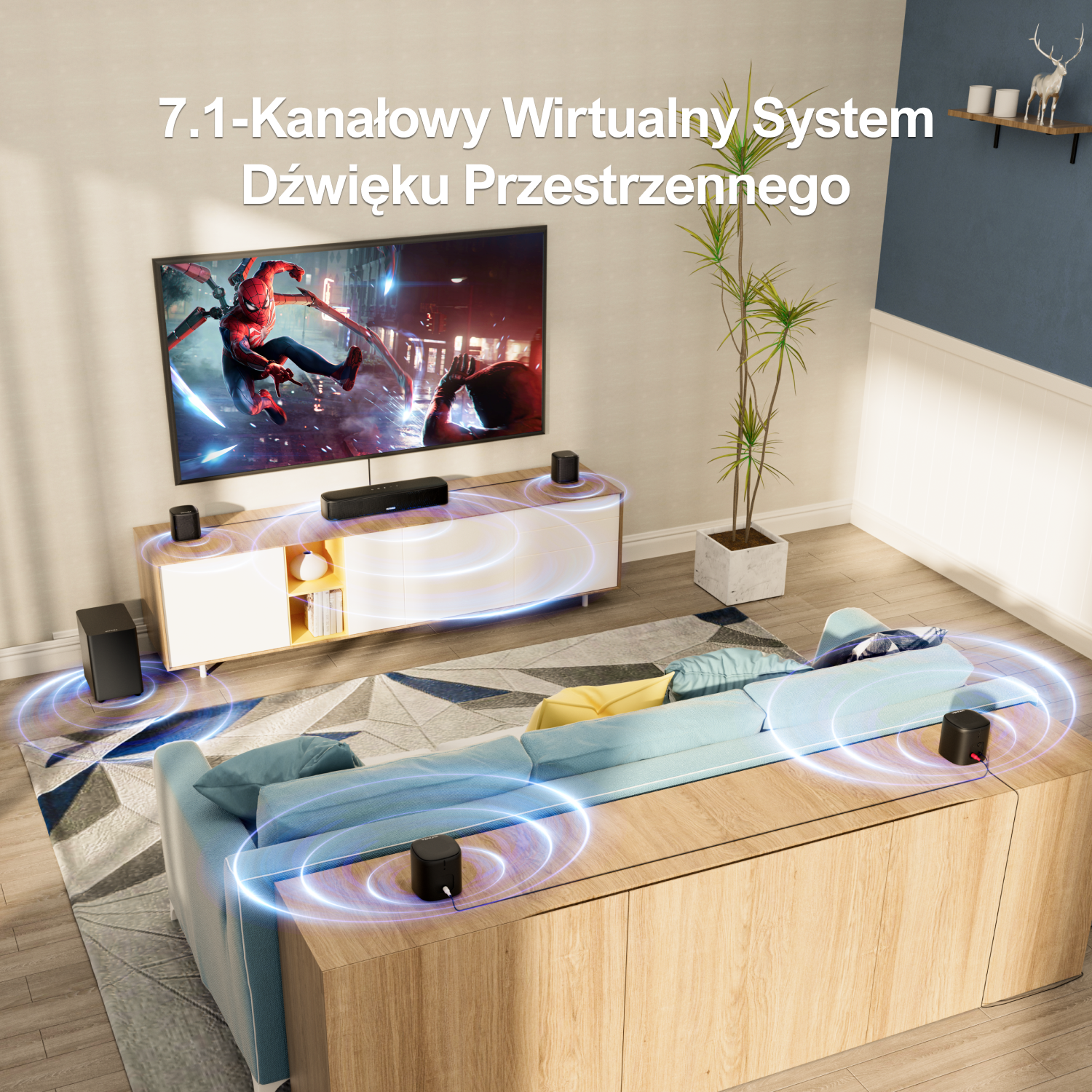 Salon z telewizorem, systemem dźwiękowym i sofą. Niebieskie fale dźwiękowe wydobywają się z głośników. Tekst: 7.1 Wirtualny dźwięk przestrzenny.