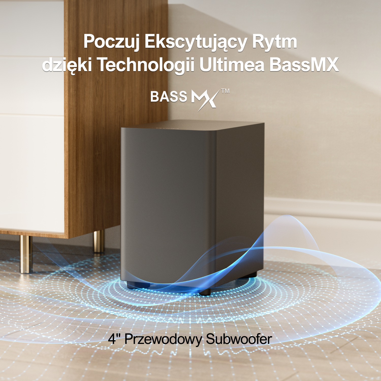 Subwoofer z niebieskimi falami dźwiękowymi, obok szafki. Tekst: Poczuj ekscytujący rytm, 4-calowy subwoofer przewodowy.