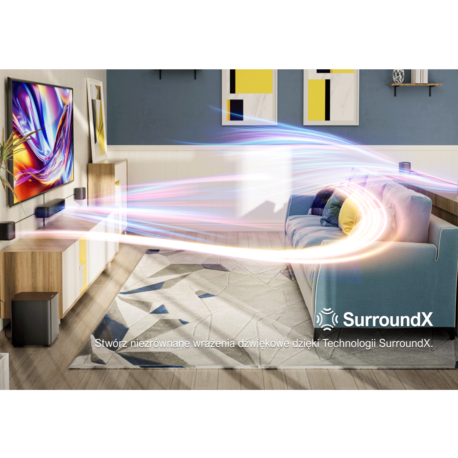 Salon z telewizorem i systemem dźwiękowym. Promienie światła wydobywają się z głośników. Tekst: SurroundX, niezrównany dźwięk.