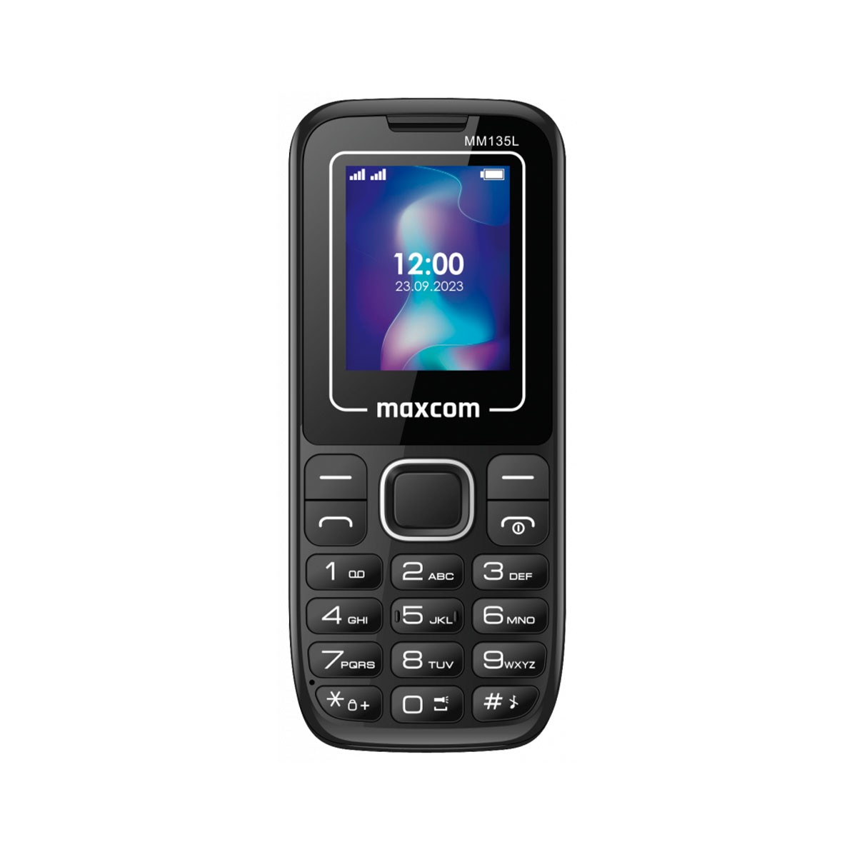 Telefono nero con pulsanti e schermo che mostra l'ora. Logo Maxcom visibile.