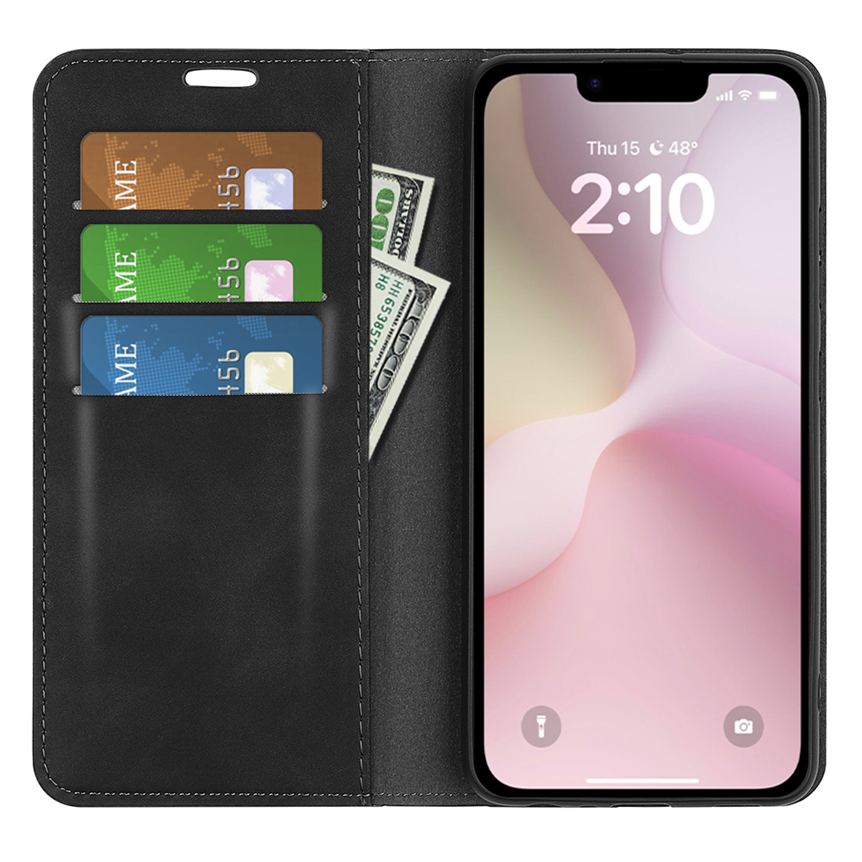 Zwarte telefoonhoes open, met kaarten en geld erin. Telefoonscherm is zichtbaar.