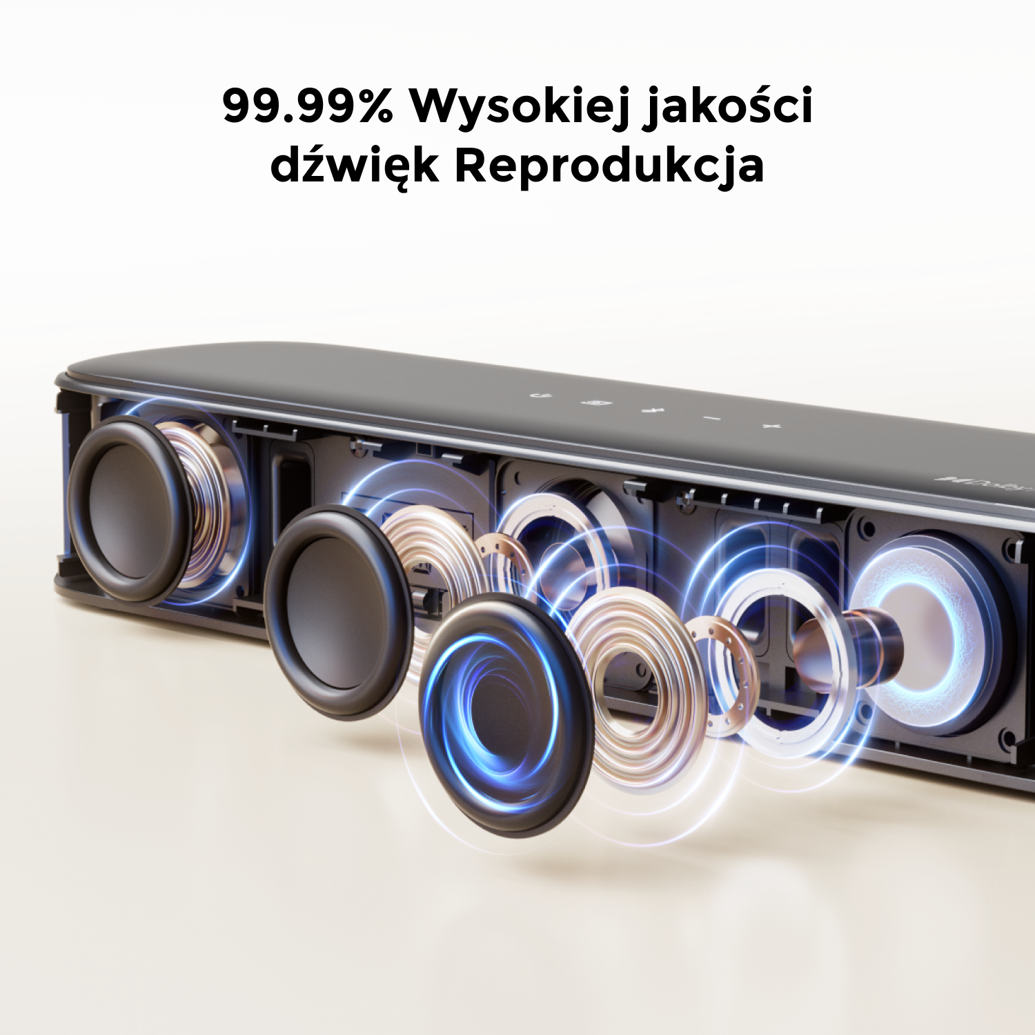 Głośniki z widocznymi elementami wewnętrznymi, z polskimi napisami.