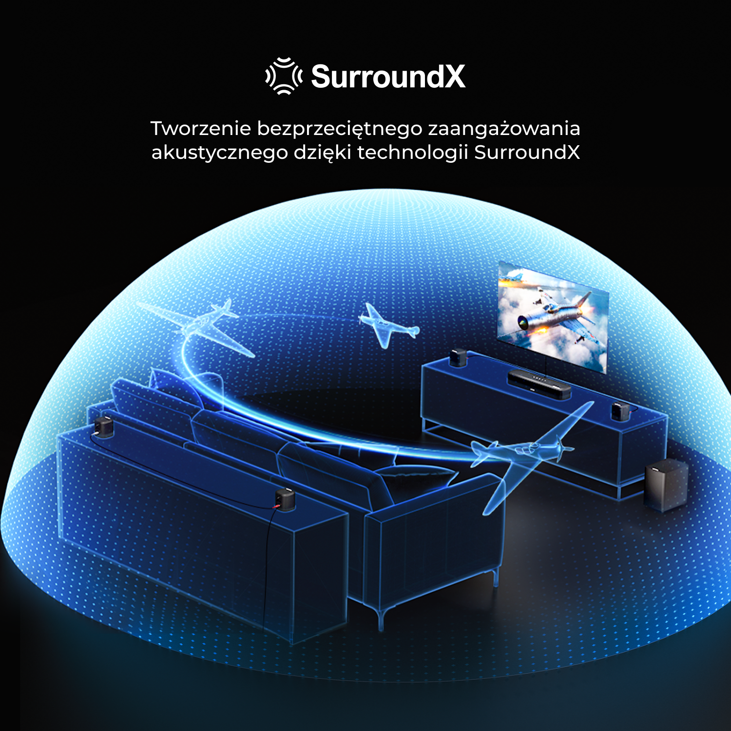 Ustawienie pokoju z systemem dźwięku przestrzennego, zilustrowane liniami.
