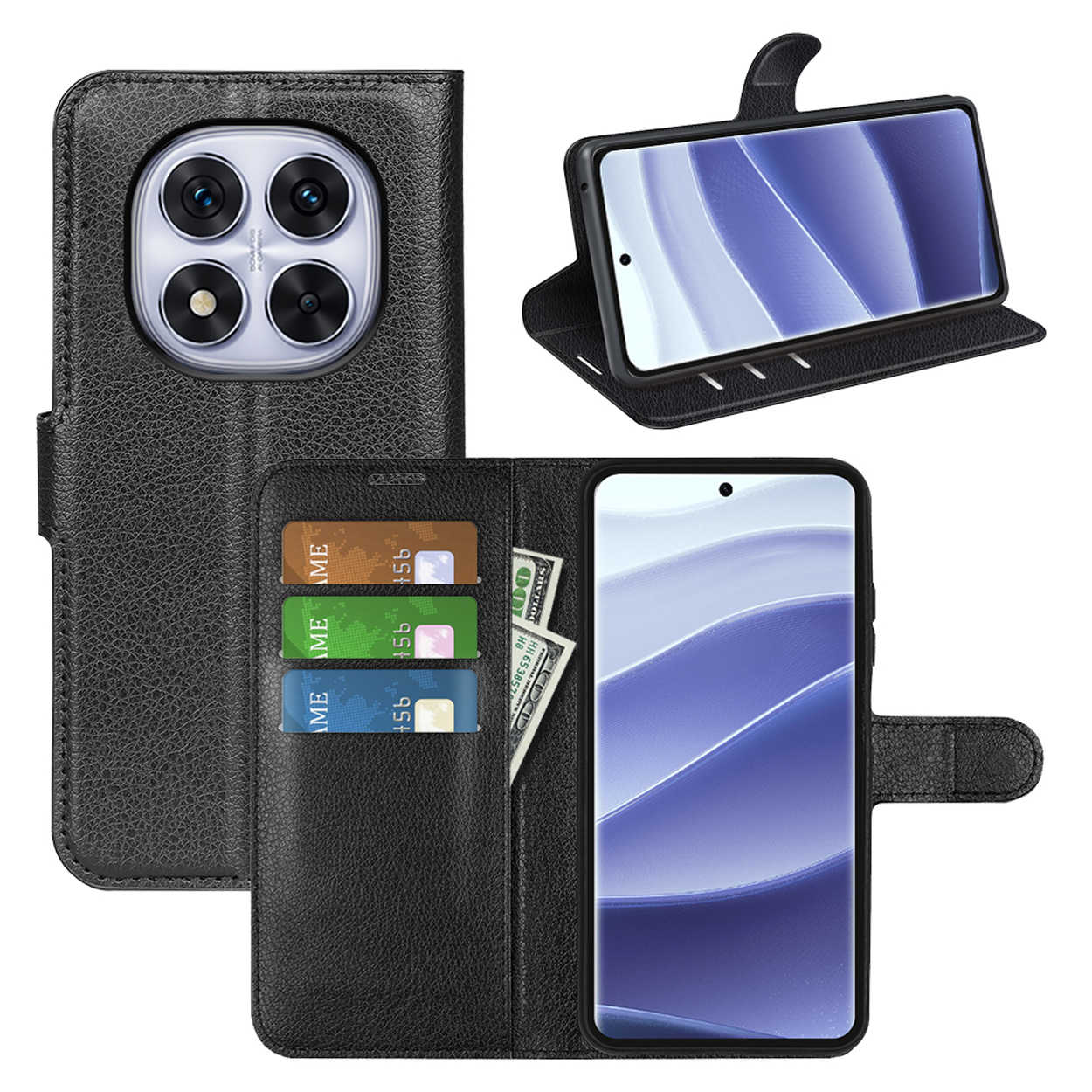 Zwarte leren telefoonhoes met telefoon, kaarten en contant geld.
