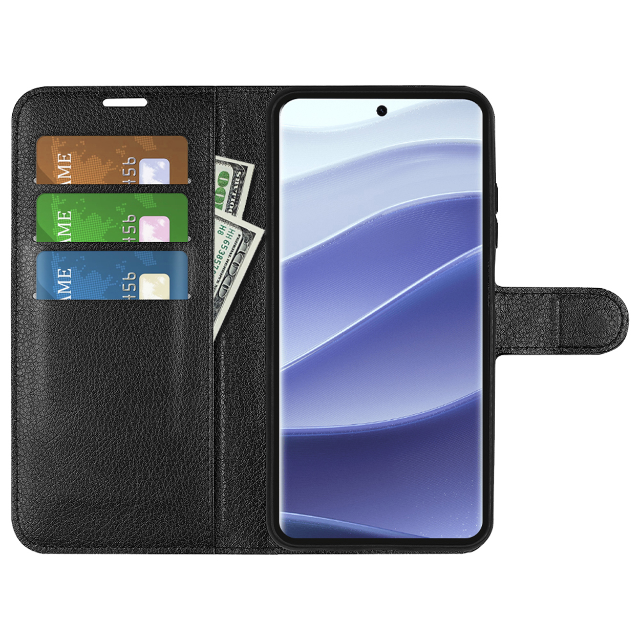 Zwarte telefoonhoes met kaarten en geld. Een telefoon is zichtbaar in de hoes.