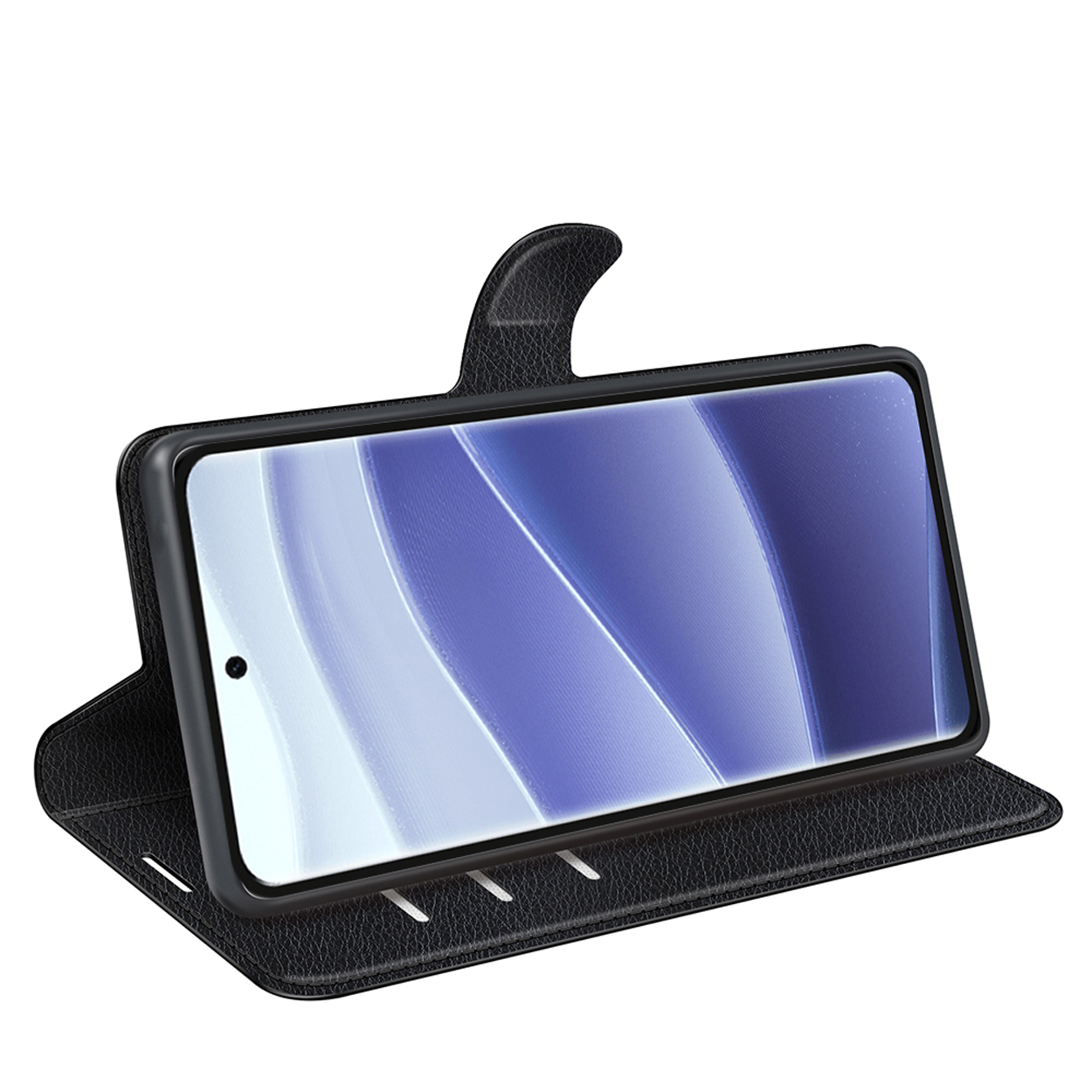Zwarte telefoonhoes met telefoon, op witte achtergrond.