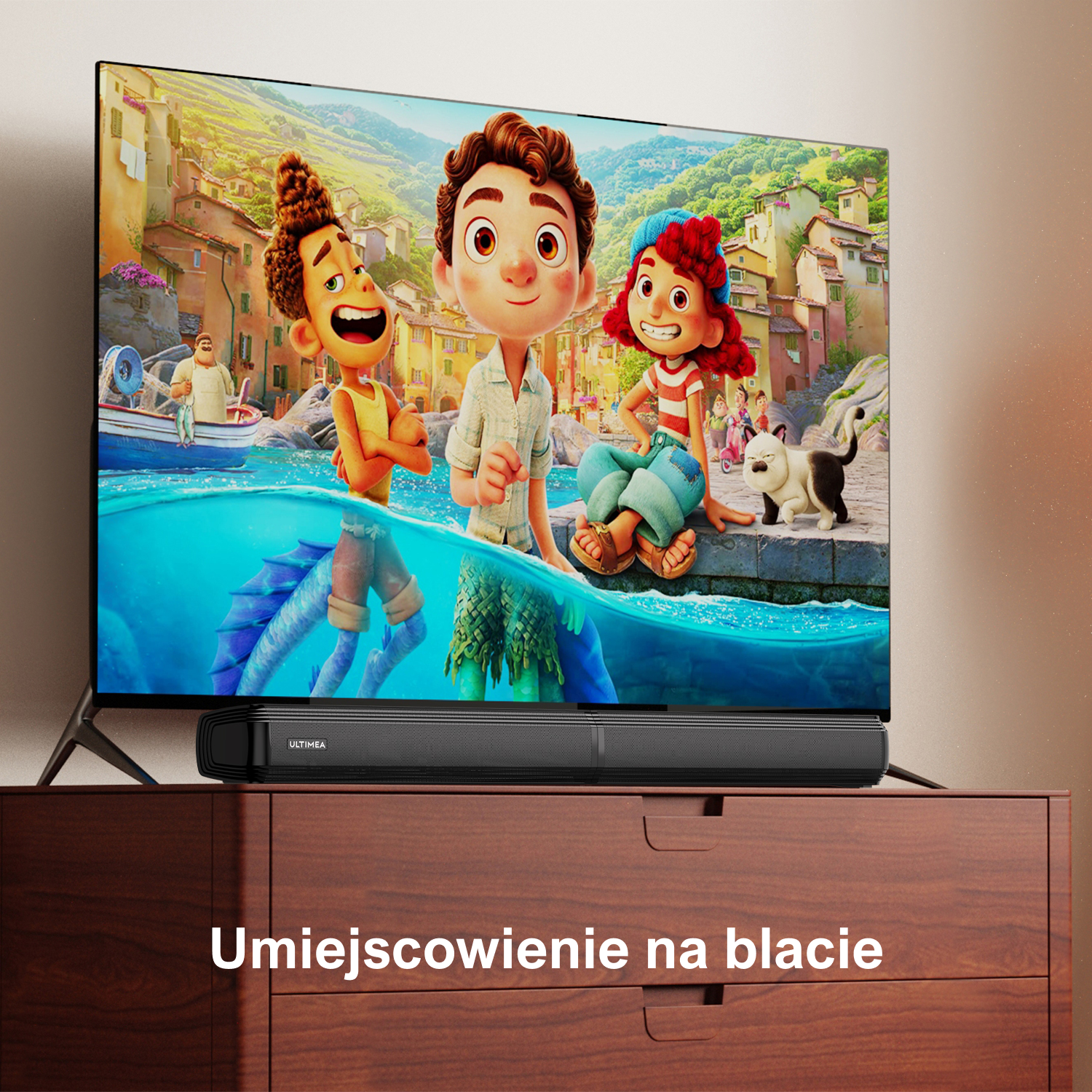 Scena z kreskówki z postaciami w wodzie, ekran telewizora na drewnianej szafce. Listwa dźwiękowa poniżej.