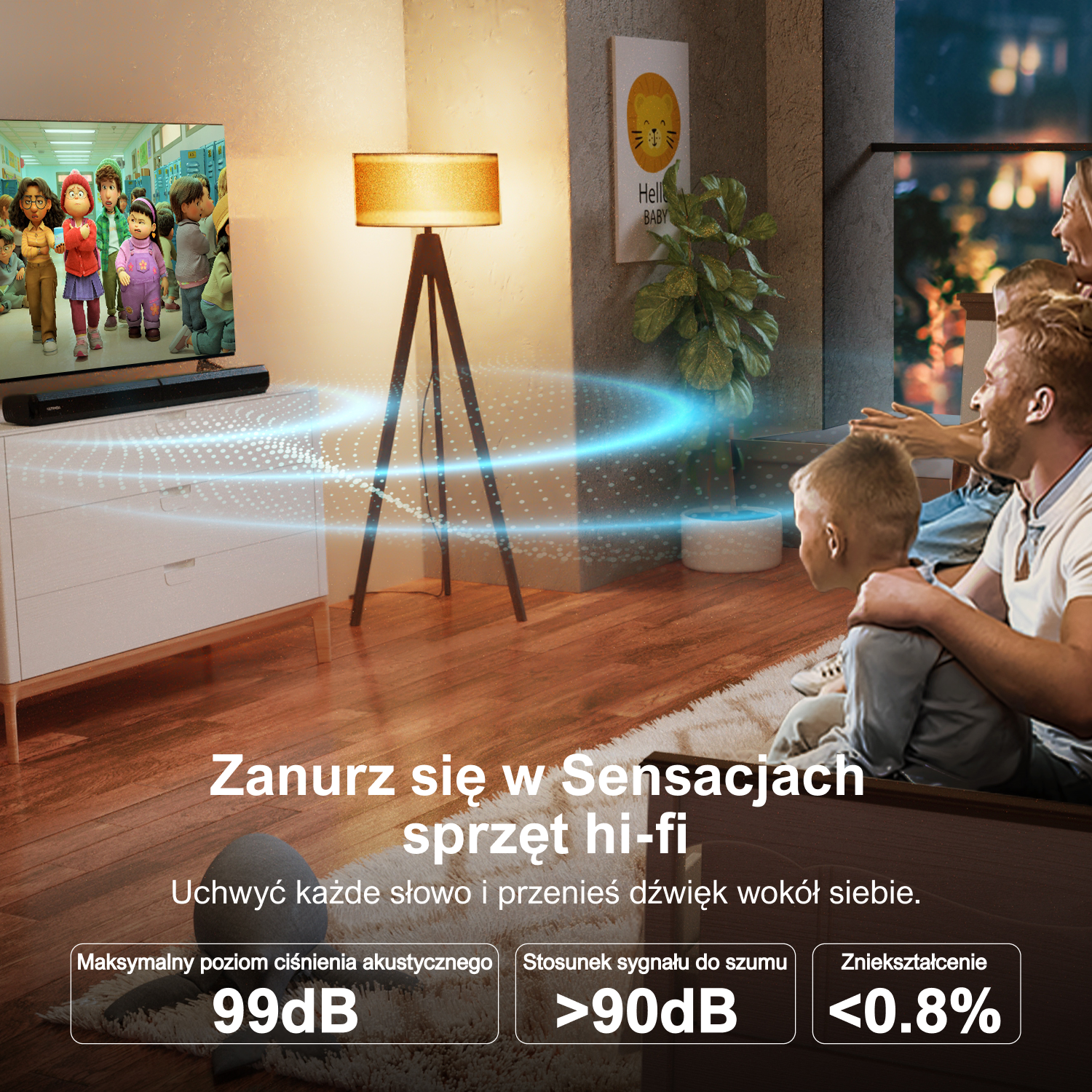 Scena w salonie z telewizorem, soundbarem i osobą oglądającą telewizję.