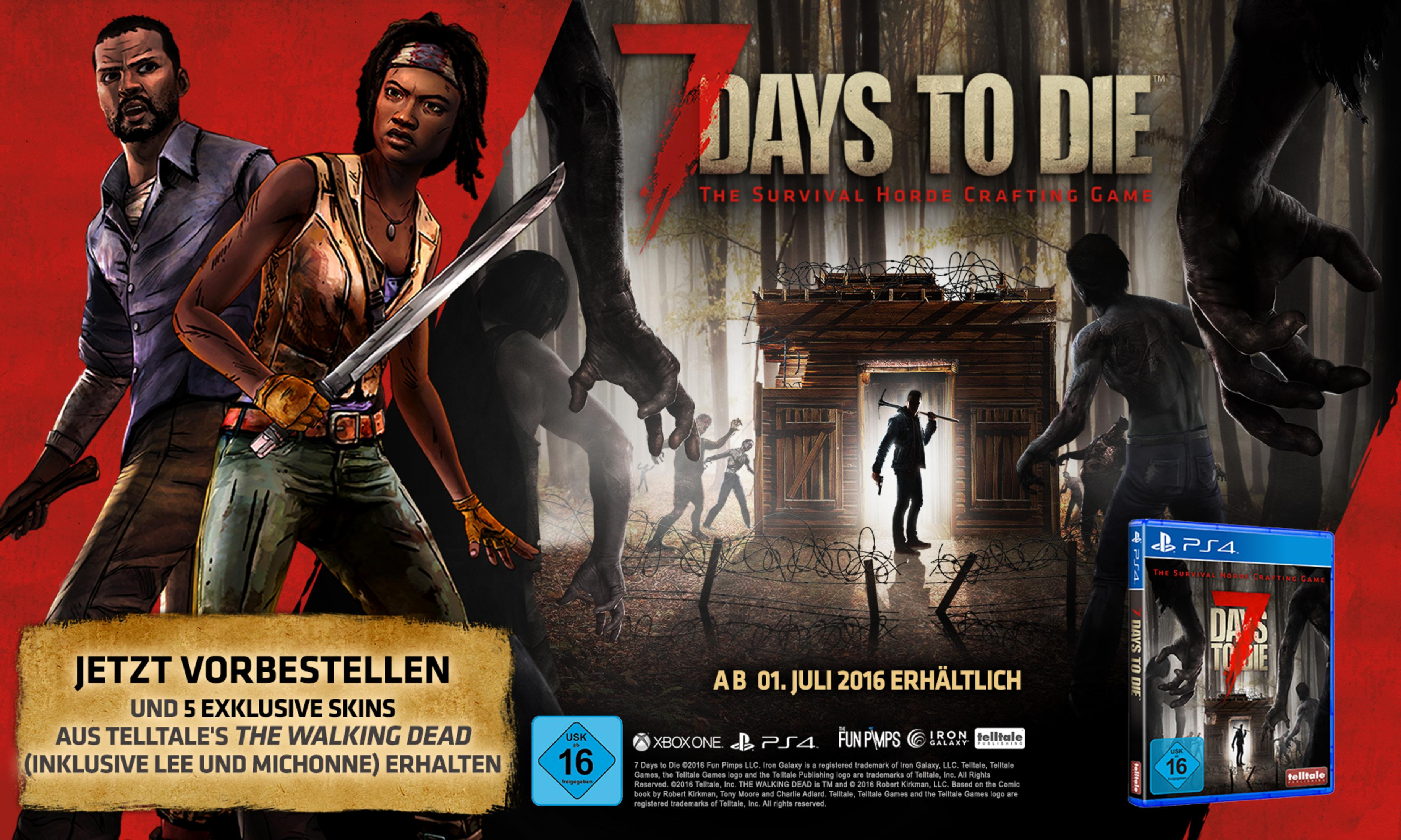 Pub du jeu : personnages, zombies, texte en allemand. Titre : 7 Days to Die. Disponible à partir de juillet 2016.