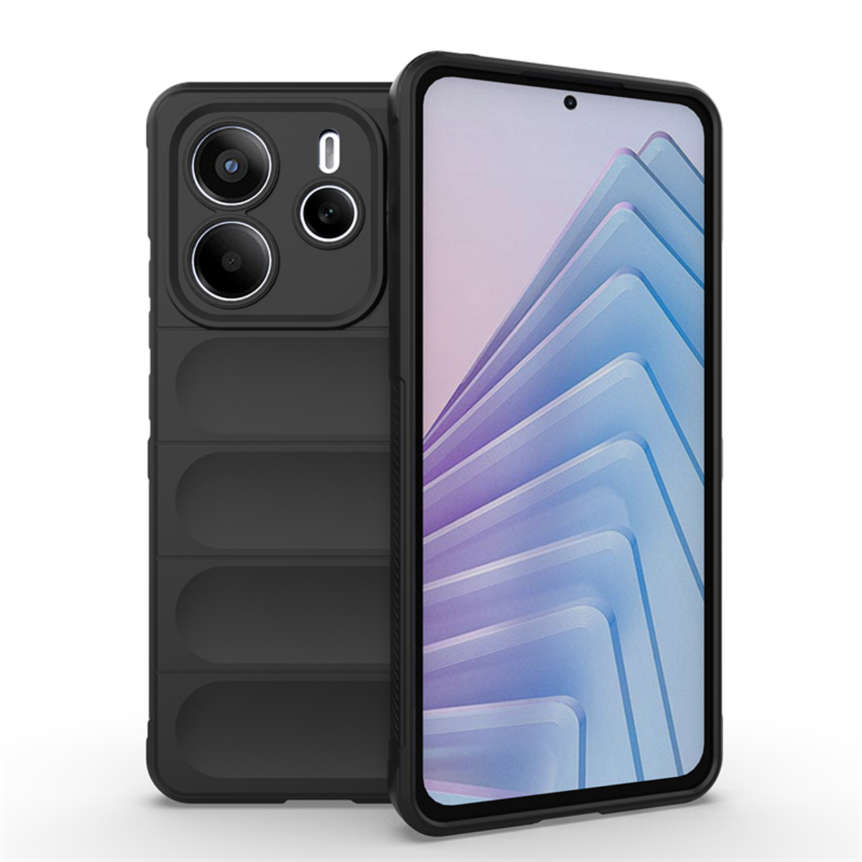 Coque de téléphone noire avec découpes pour appareil photo. Le téléphone a un écran, des bordures noires et une caméra.