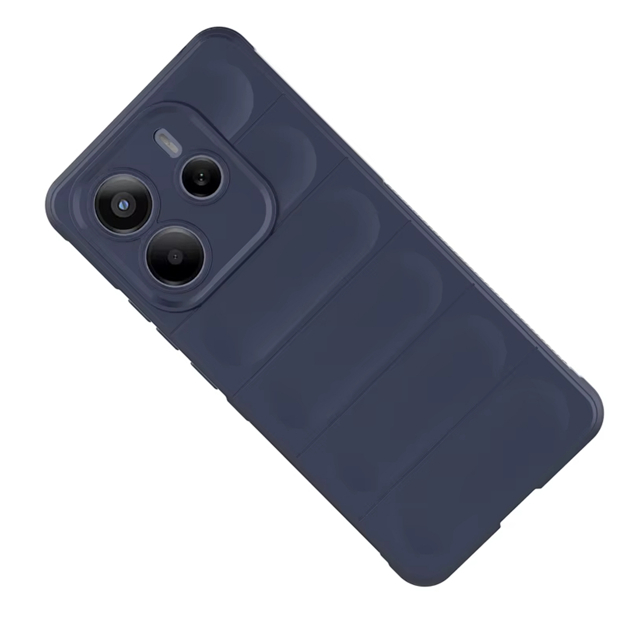 Blauwe telefoonhoes met camera-uitsparingen. De telefoon heeft een scherm, zwarte randen en een camera.