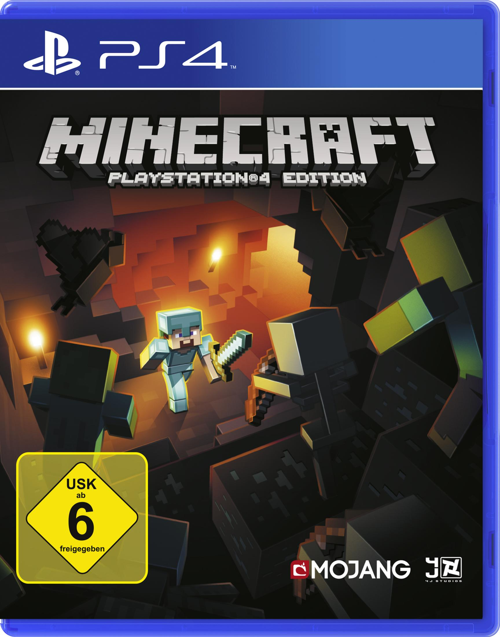 Minecraft PS4 gamecover. Personages en omgeving uit de game. Blauwe hoes met tekst op de cover.