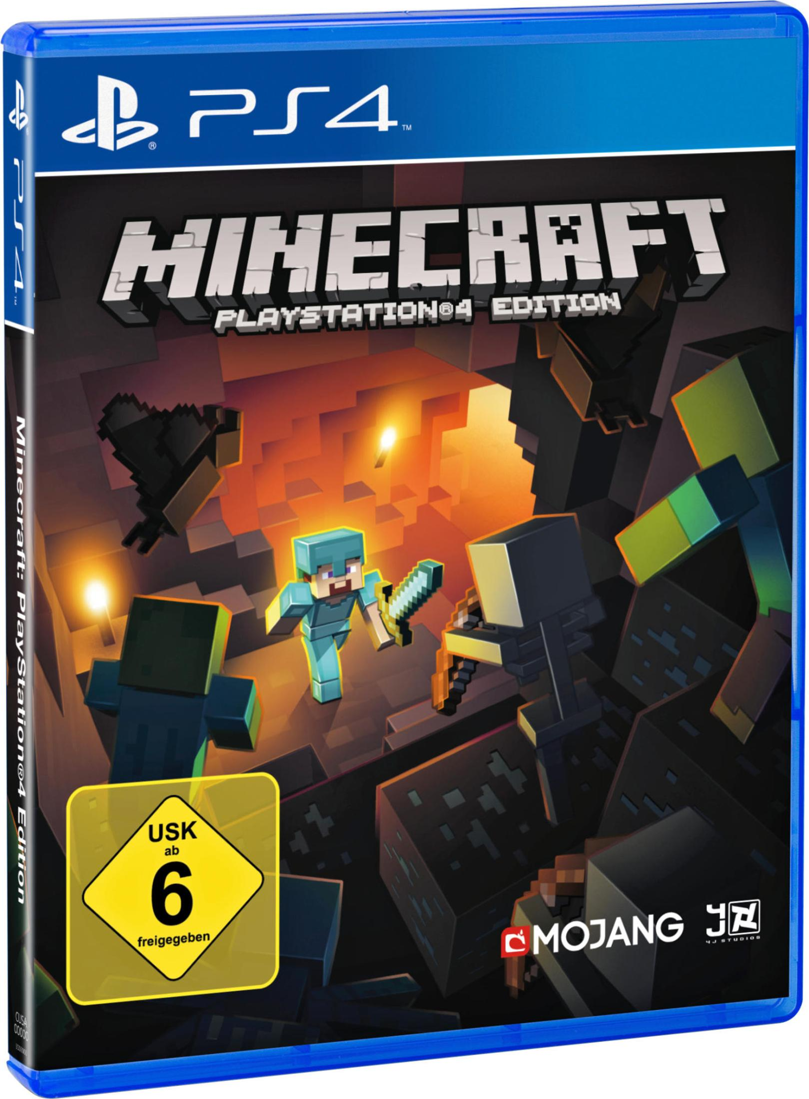 Minecraft PS4-gamebox. Toont Minecraft-personages in een blokkerige wereld met USK 6-classificatie.