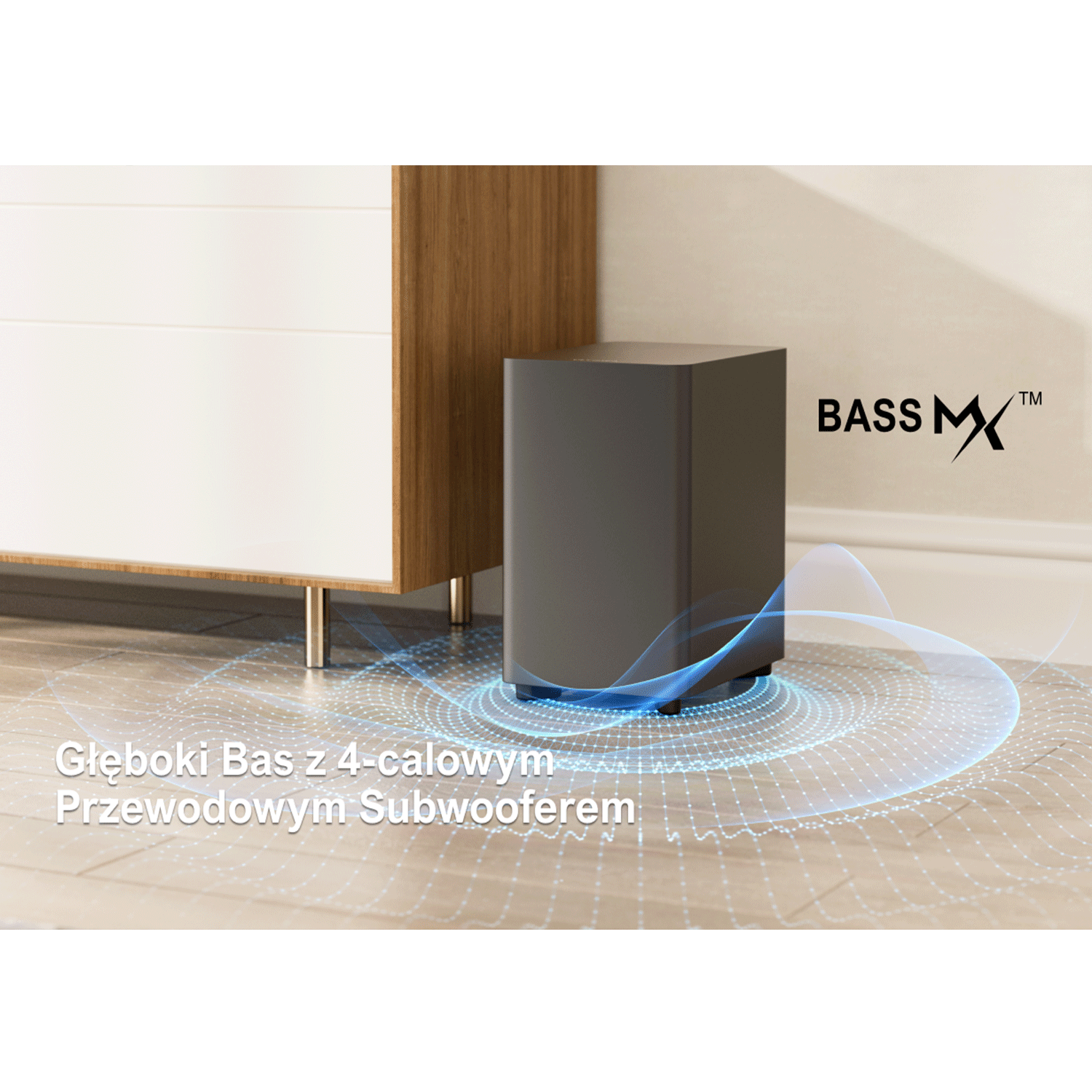 Czarny subwoofer na drewnianej podłodze. Tekst: Głęboki bas z 4-calowym subwooferem.