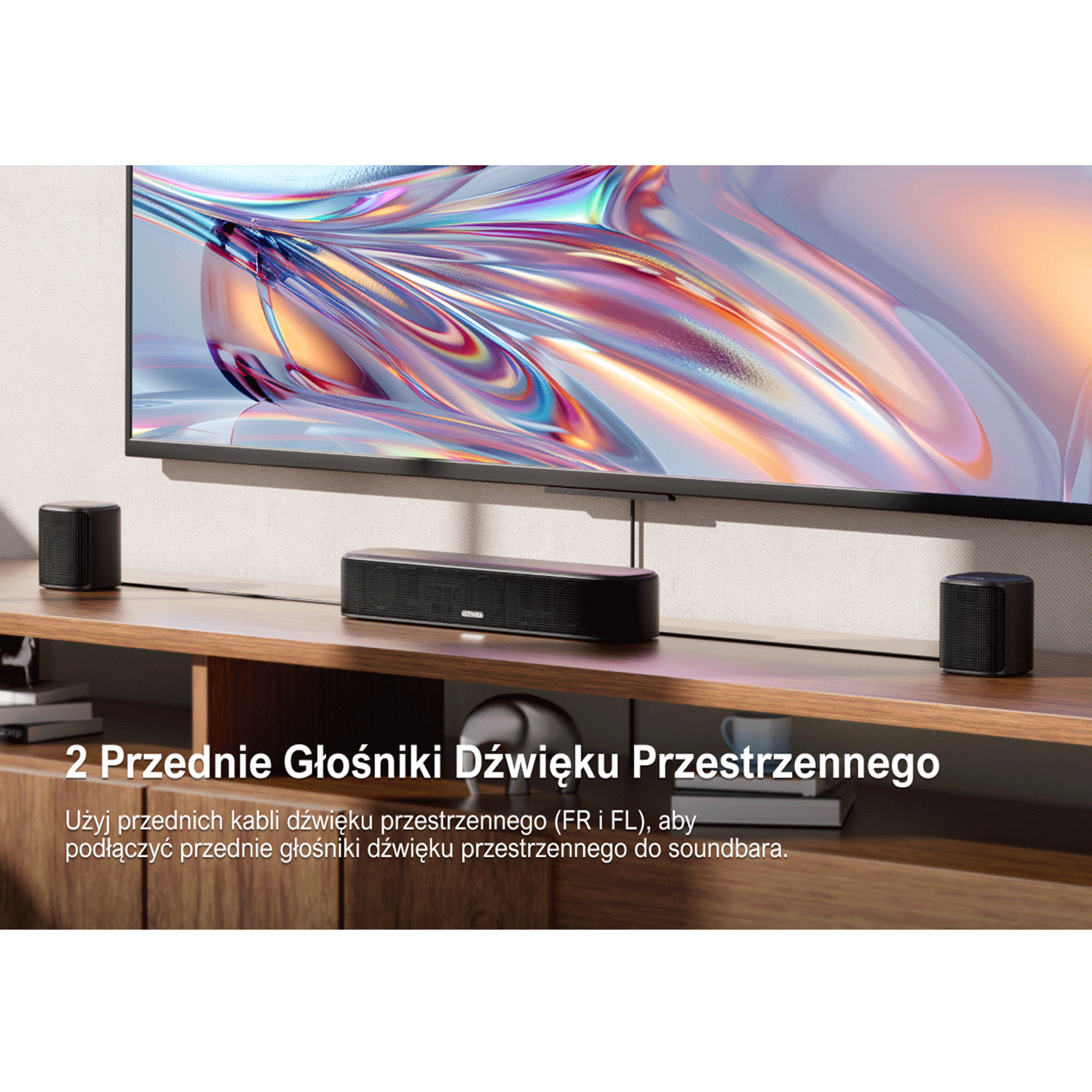 Soundbar z przednimi głośnikami surround. Tekst: 2 przednie głośniki surround.