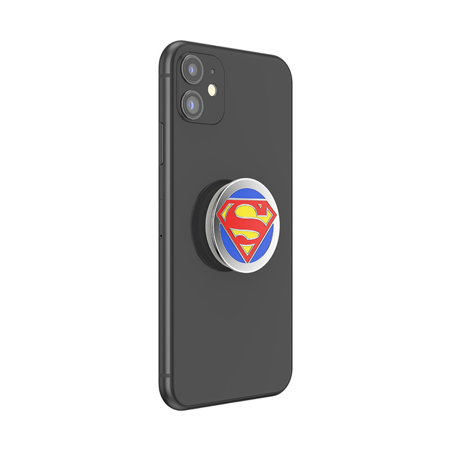 Telefono nero con supporto pop con logo Superman attaccato.