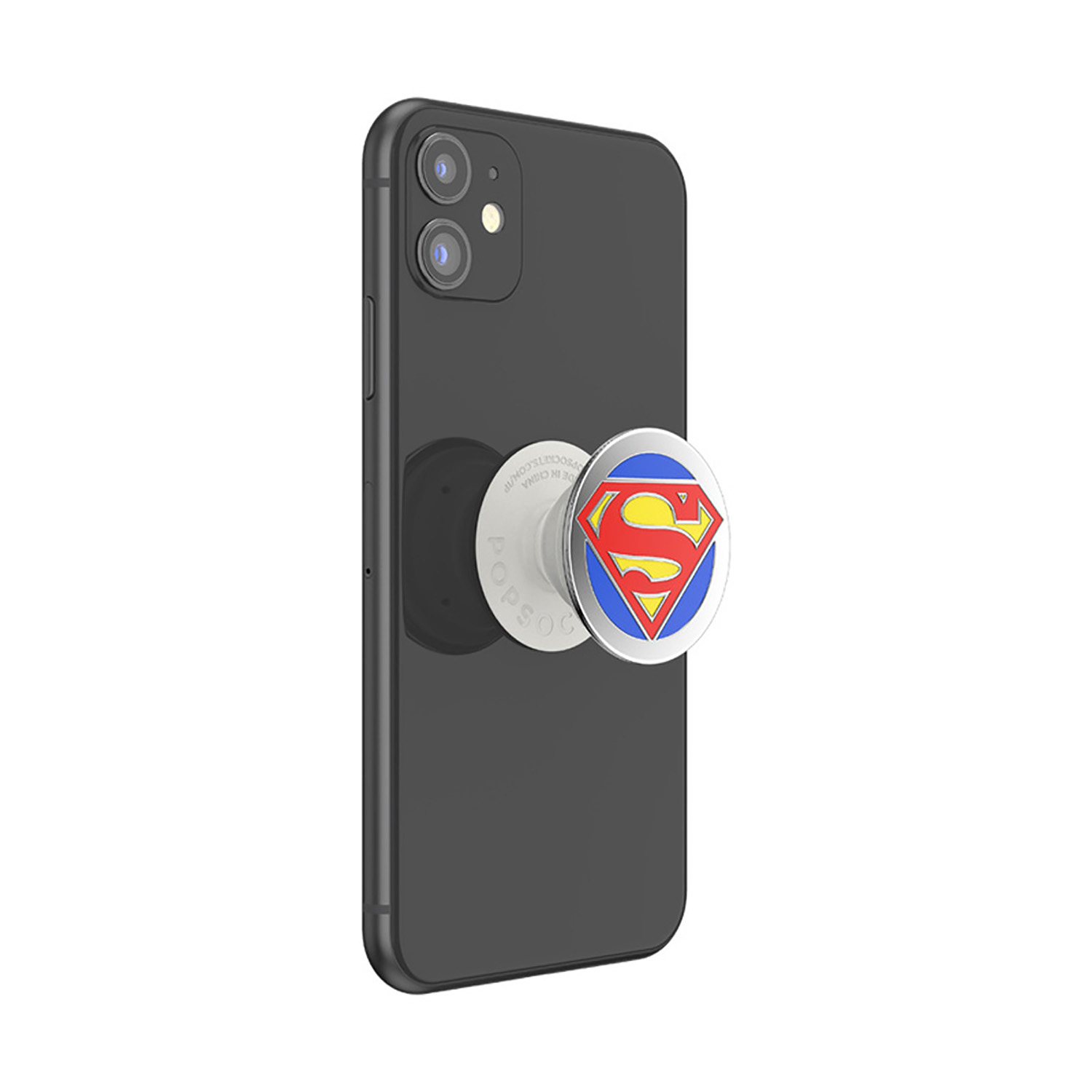 Telefono nero con PopSocket di Superman attaccato.