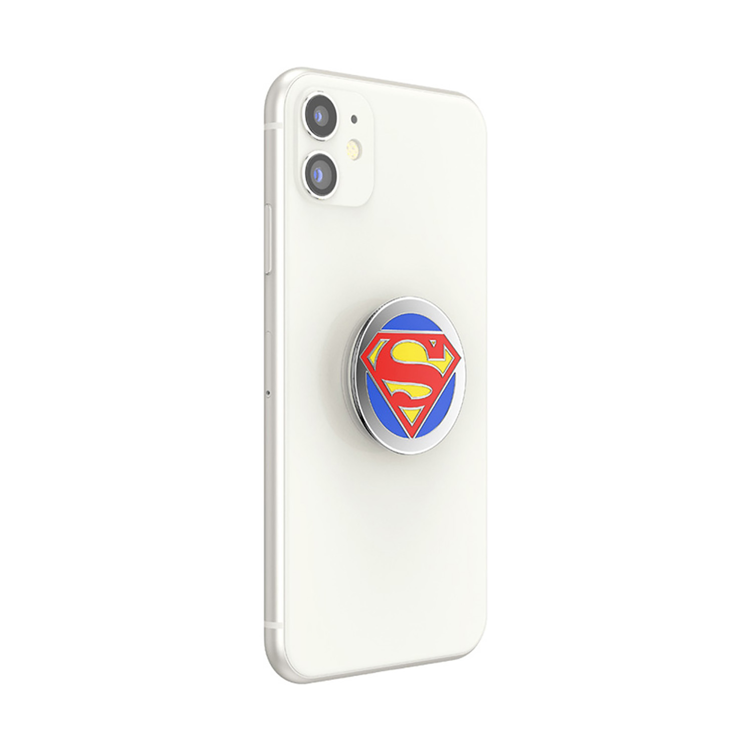 iPhone bianco con un supporto per telefono con il logo di Superman attaccato.