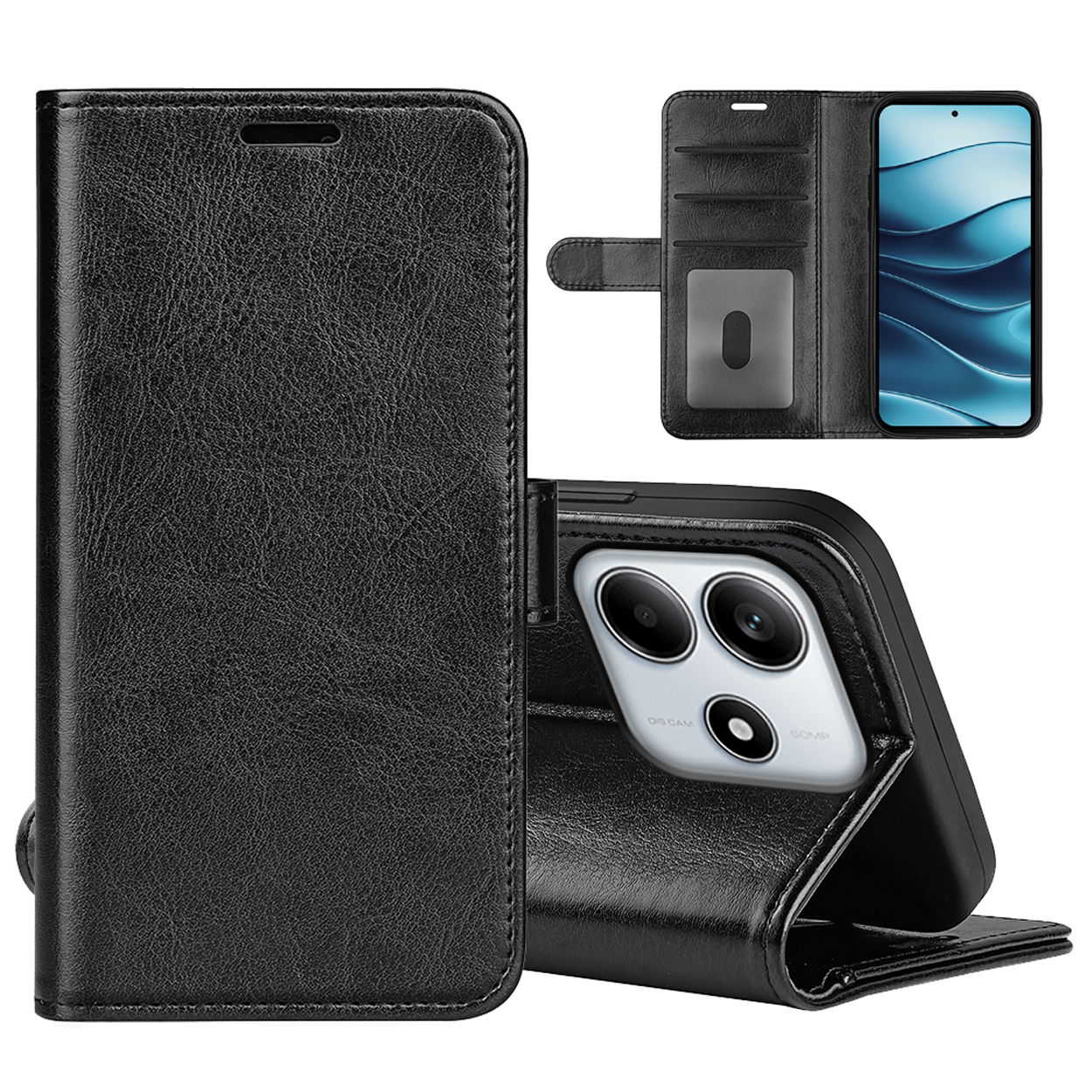 Zwarte telefoonhoes, telefoon erin, met meerdere kaartsleuven en een flap.