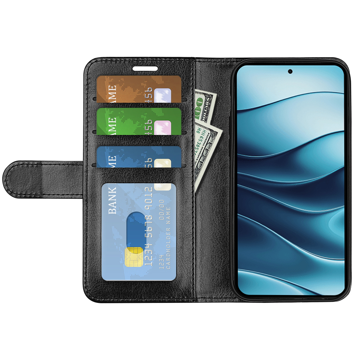 Zwarte telefoonportemonnee met kaarten en contant geld erin. Telefoon zichtbaar.