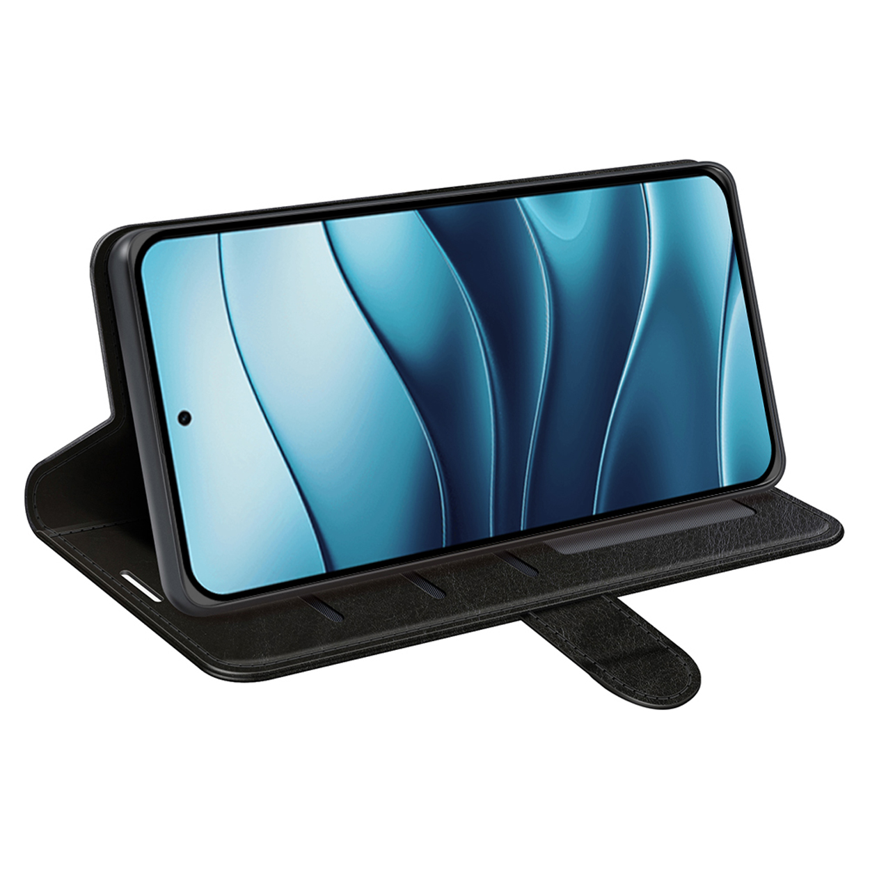 Zwarte telefoon met een blauw scherm in een zwarte wallet case.