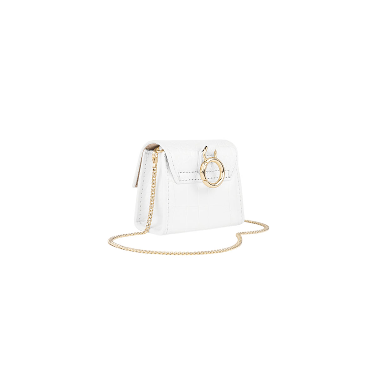Funda blanca para AirPods de Ideal of Sweden con cadena dorada. Anillo dorado en la parte superior.