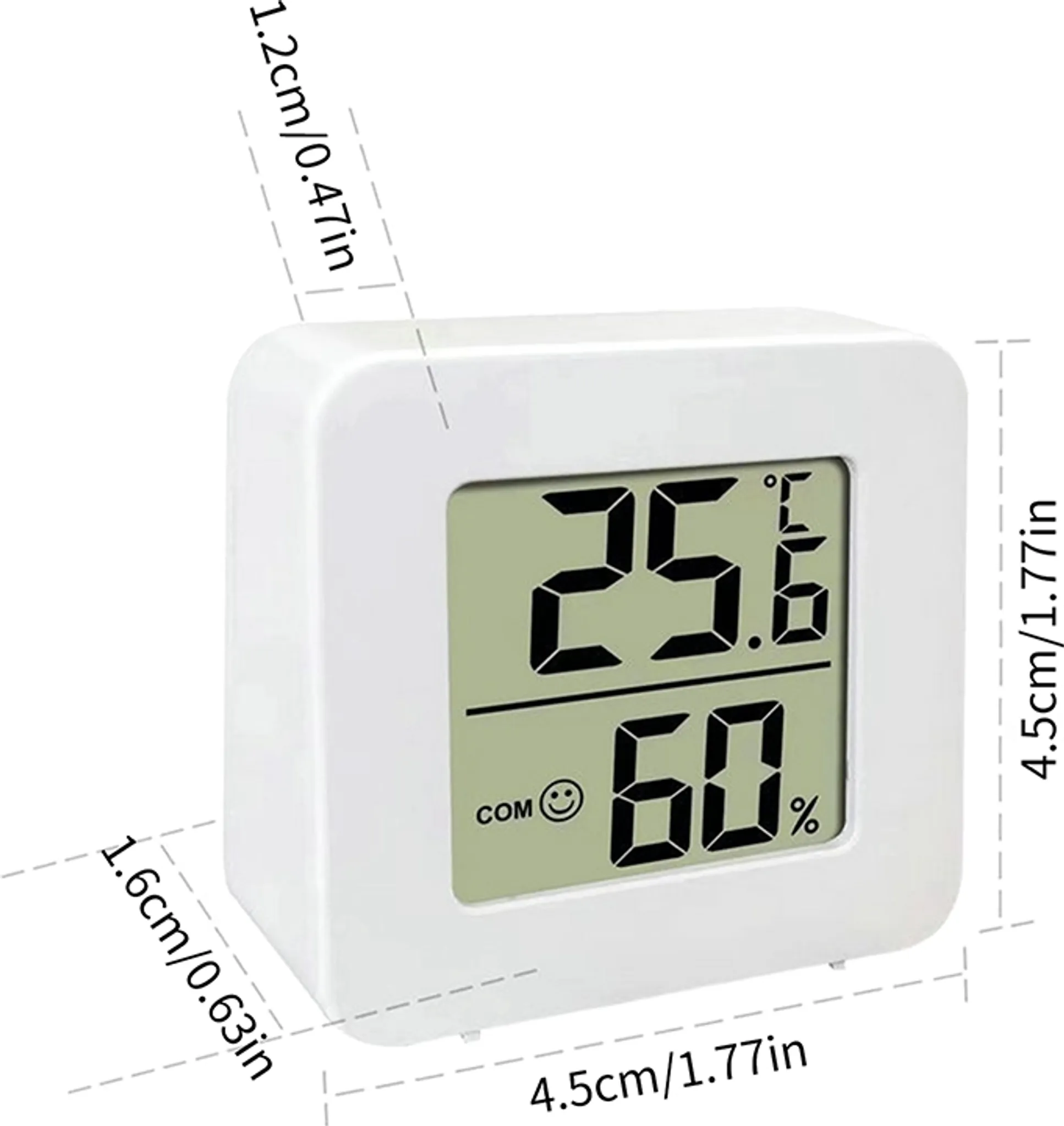 Weißes Digitalthermometer zeigt 25,6 Grad und 60%. Messungen in cm/Zoll werden angegeben.