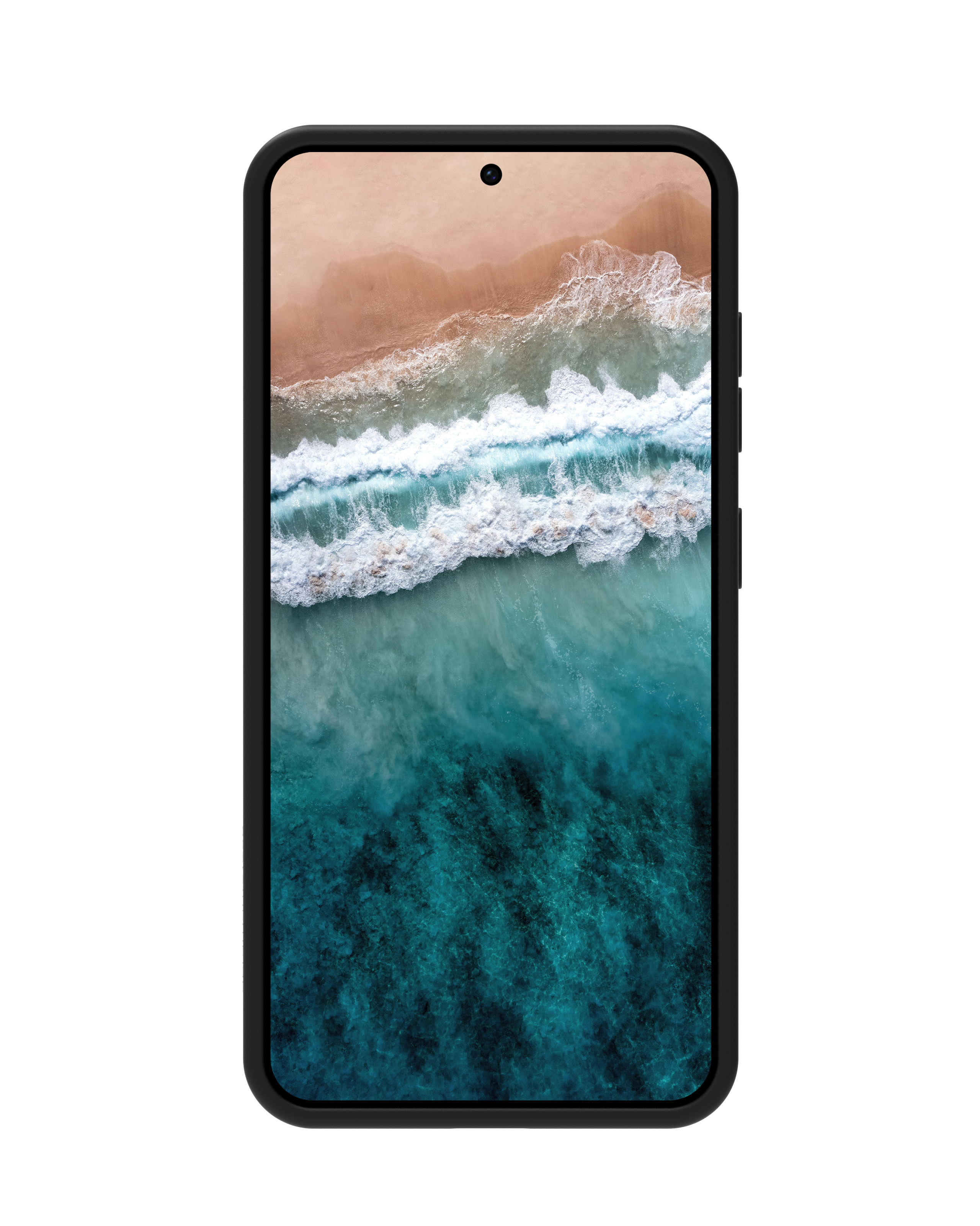 Schermo di smartphone che mostra le onde dell'oceano su una spiaggia, custodia nera.