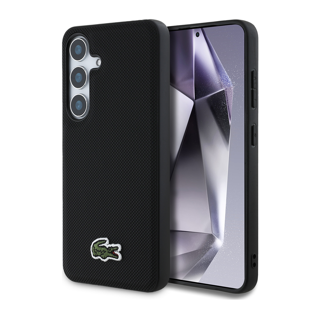 Schwarze Handyhülle mit Telefon. Hat ein grünes Krokodillogo.