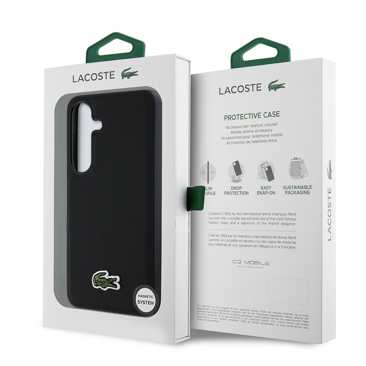 Schwarze Lacoste-Handyhülle mit Lacoste-Logo und weißer Box. Die Box ist geöffnet.