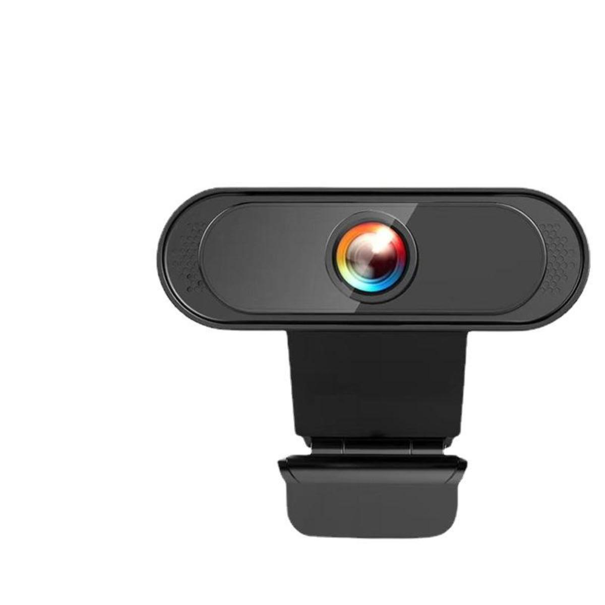 Schwarze Webcam mit Linse und Sockel auf weißem Hintergrund.