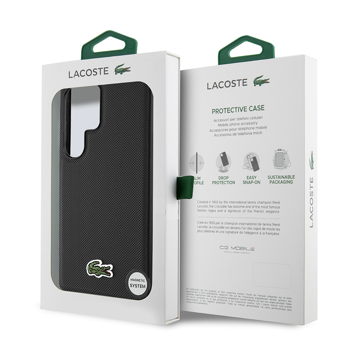 Caja de funda de teléfono abierta que muestra una funda negra con el logotipo y diseño de Lacoste.