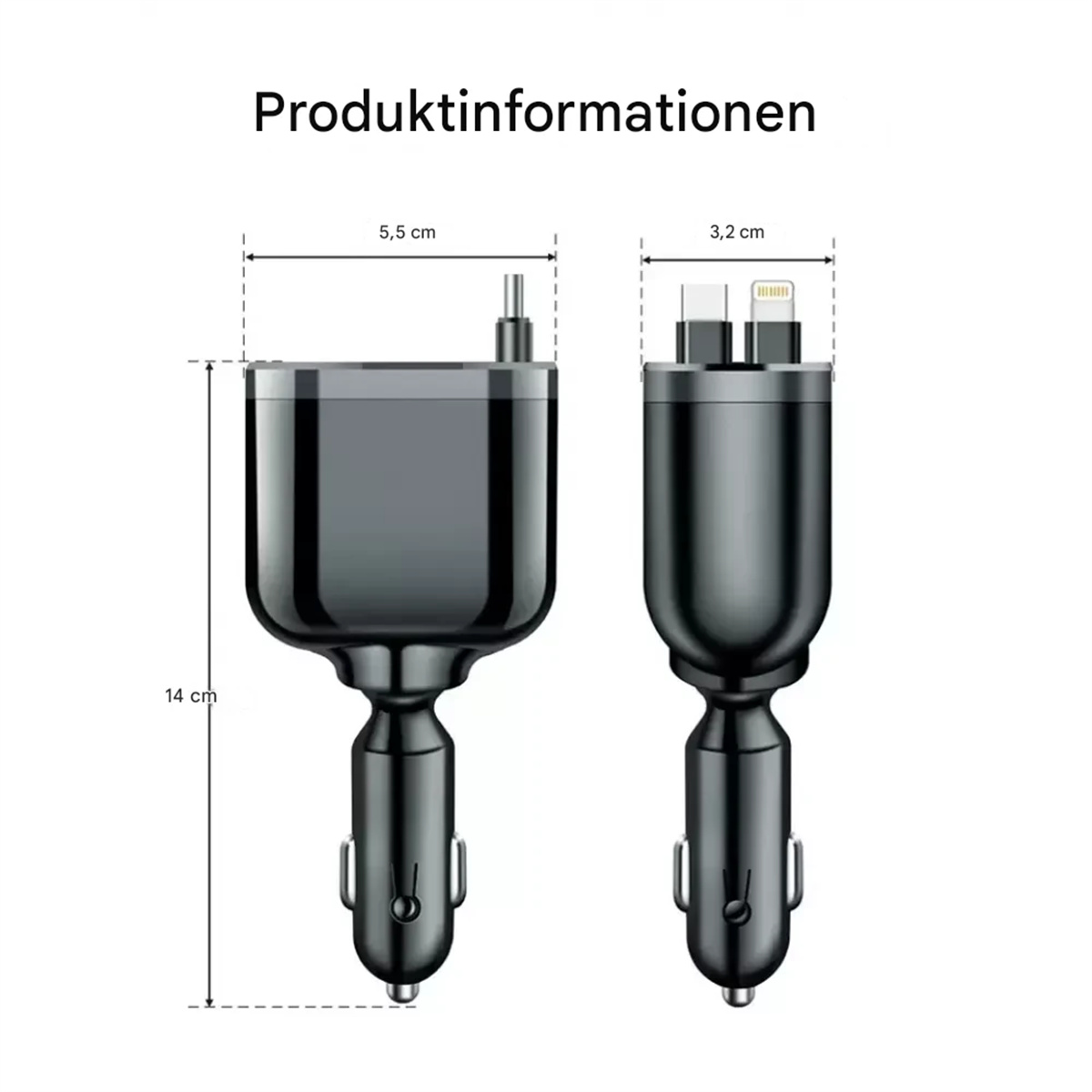Zwei schwarze Autoladeadapter mit USB- und Lightning-Anschlüssen, mit angegebenen Abmessungen.