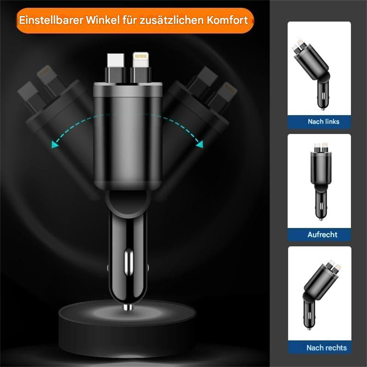 Schwarzes Multi-Port-USB-Ladegerät. Mehrere Anschlüsse und einstellbare Winkel. Dunkler Hintergrund.