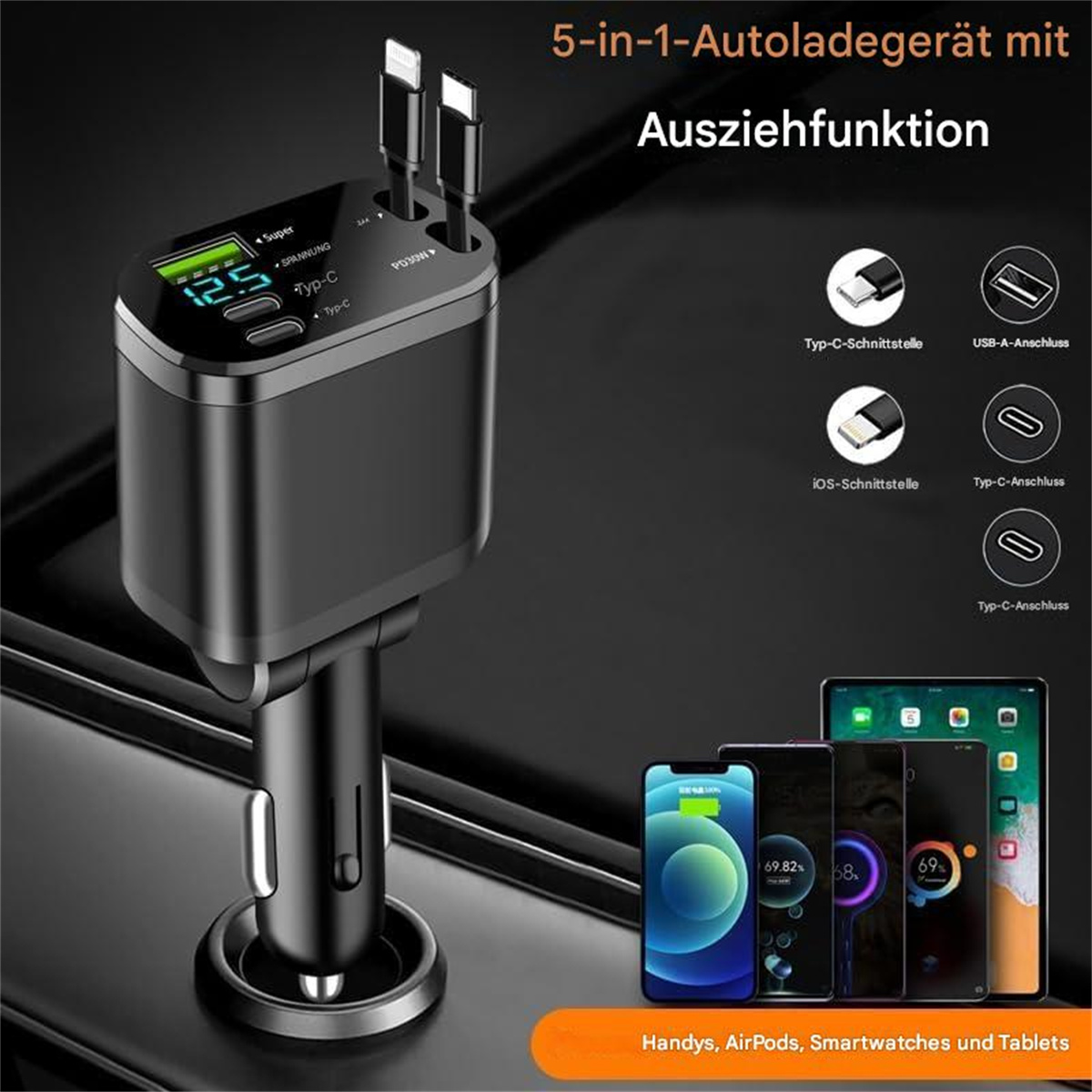 5-in-1-Autoladegerät mit mehreren Anschlüssen, Digitalanzeige und Ladeoptionen. Schwarz. Weißer Hintergrund.