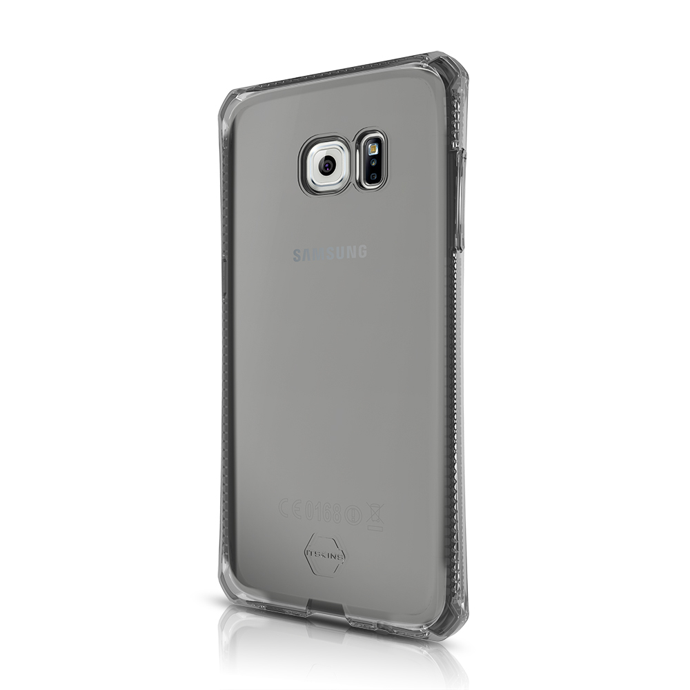 Una custodia trasparente per telefono su un telefono Samsung. Il telefono ha una fotocamera e la custodia una trama a griglia.