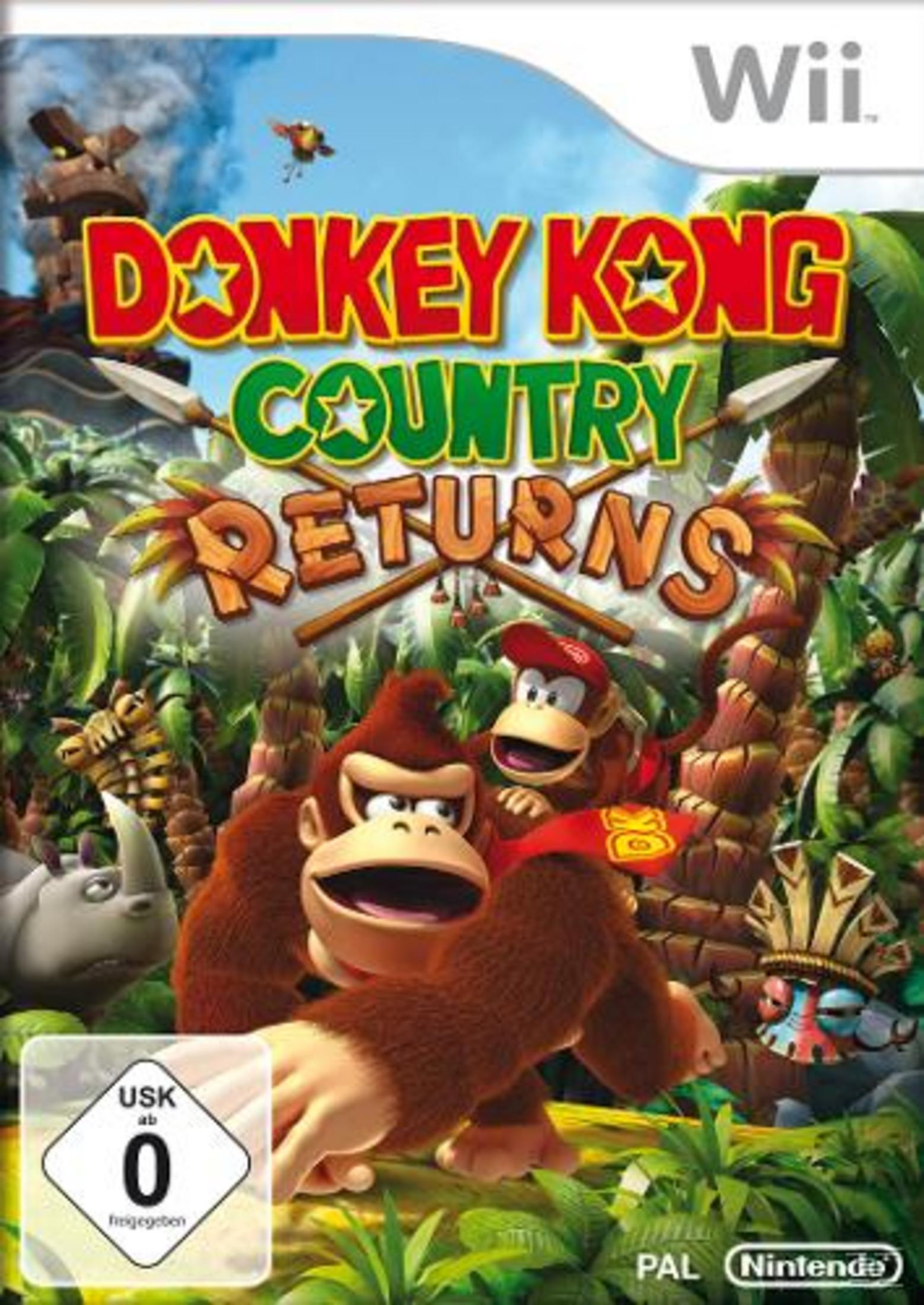 Custodia del gioco Donkey Kong Country Returns. Donkey Kong e Diddy Kong in primo piano. Il logo Wii è visibile.