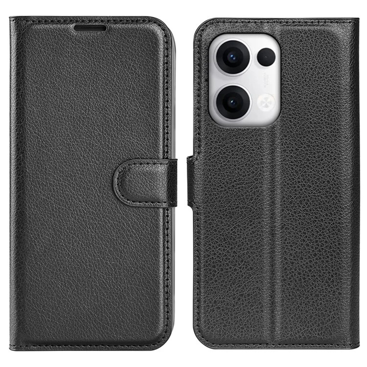 Un étui de téléphone noir ouvert montrant l'intérieur de l'étui et l'appareil photo et l'écran du téléphone.