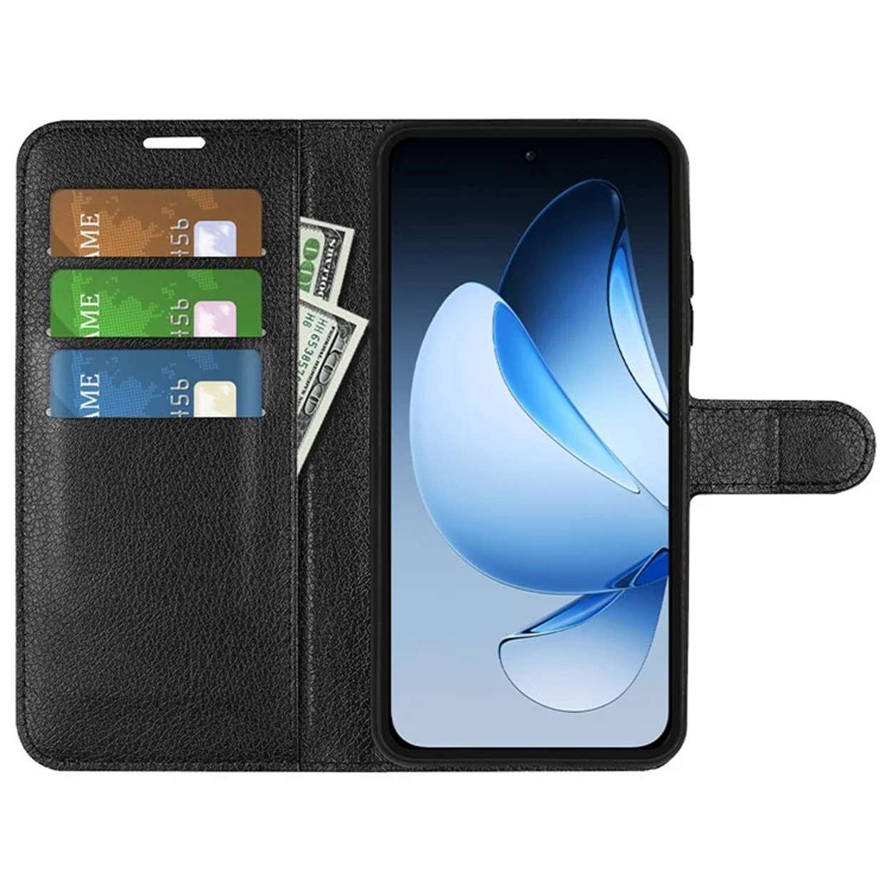 Étui portefeuille noir pour téléphone ouvert, montrant des cartes, de l'argent et un téléphone. Fermé avec un fermoir magnétique.