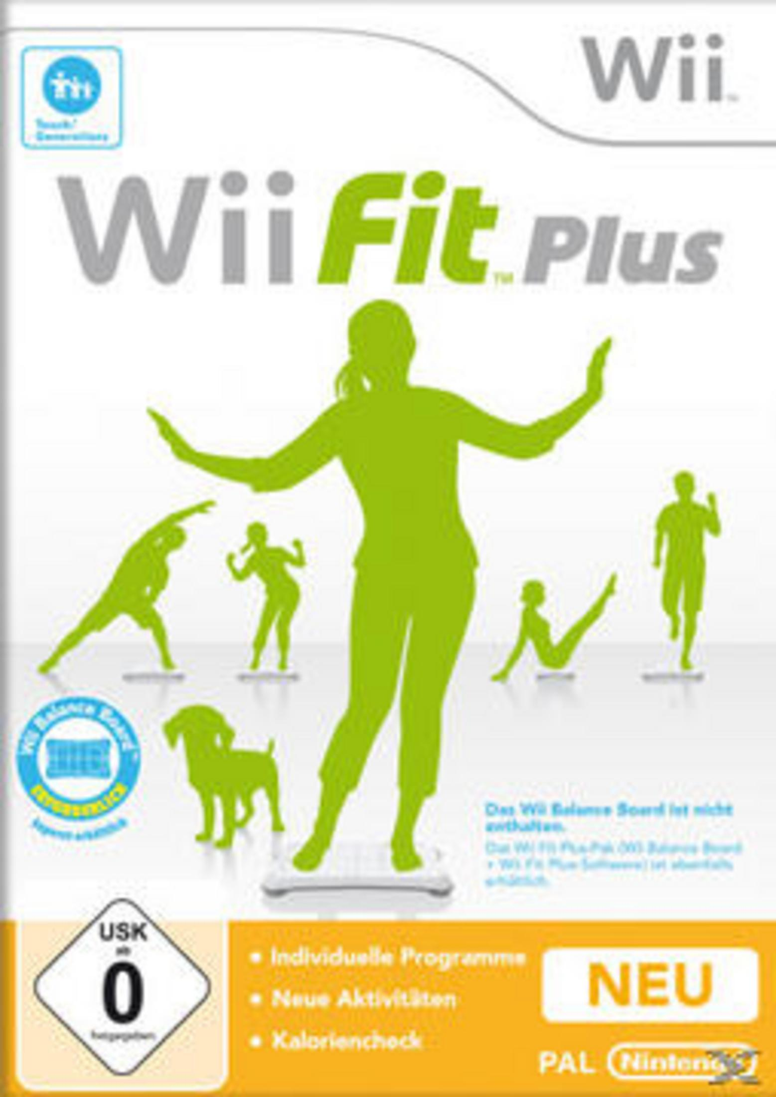 Wii Fit Plus Spielbox. Grüne Silhouette einer Person auf einem Balance Board, mit anderen beim Training.
