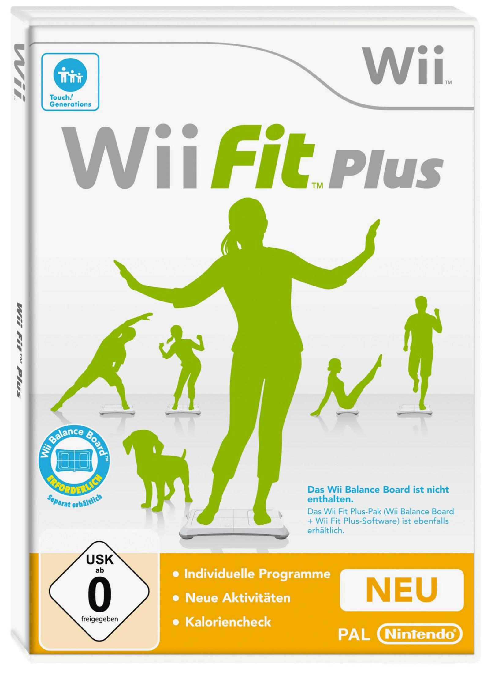 Wii Fit Plus Spielbox, die eine grüne Silhouette von Personen zeigt, die auf einem Balance Board trainieren.