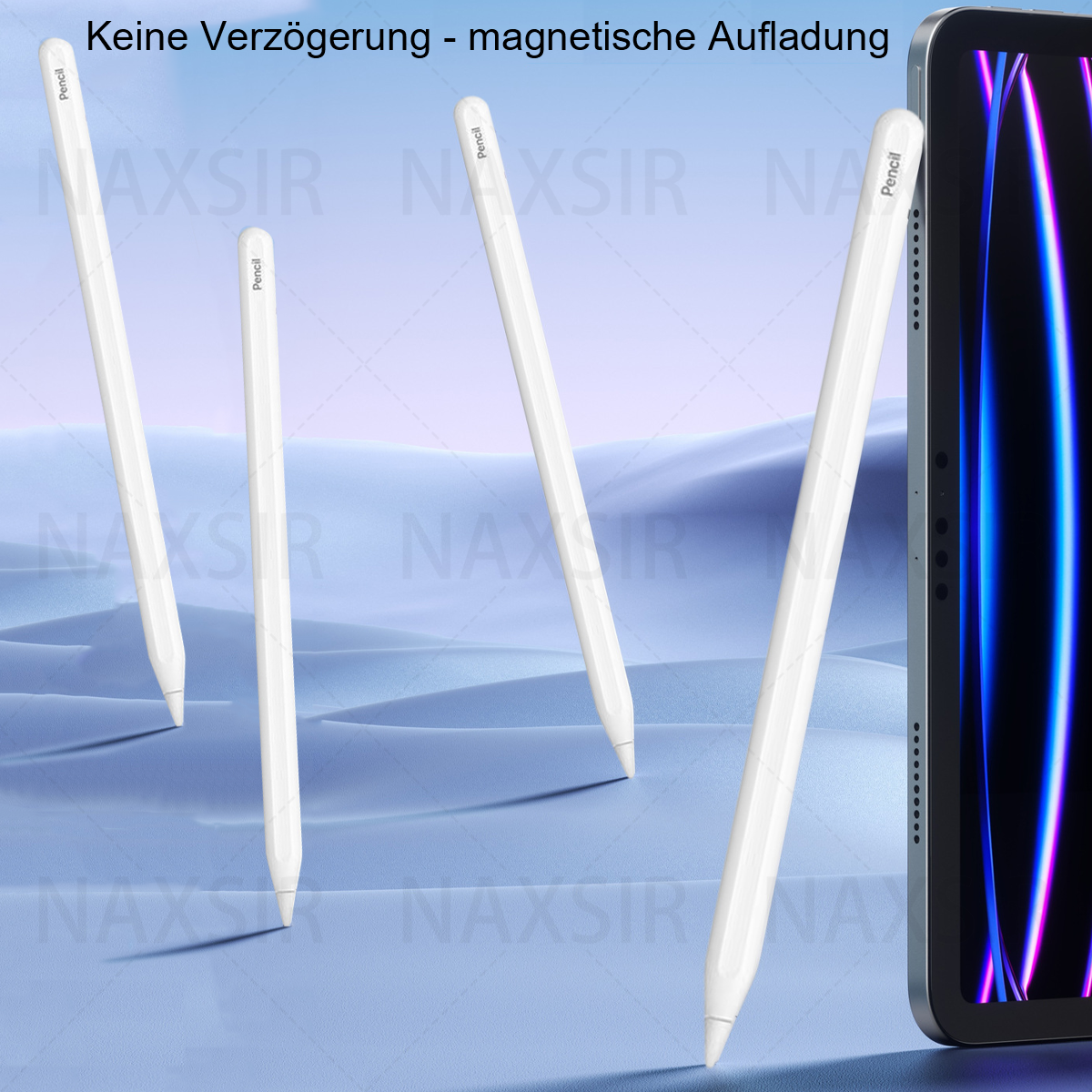Vier weiße Stifte mit dem Text 'Pencil', neben einem Tablet. Der Text 'NAXSIR' ist sichtbar.